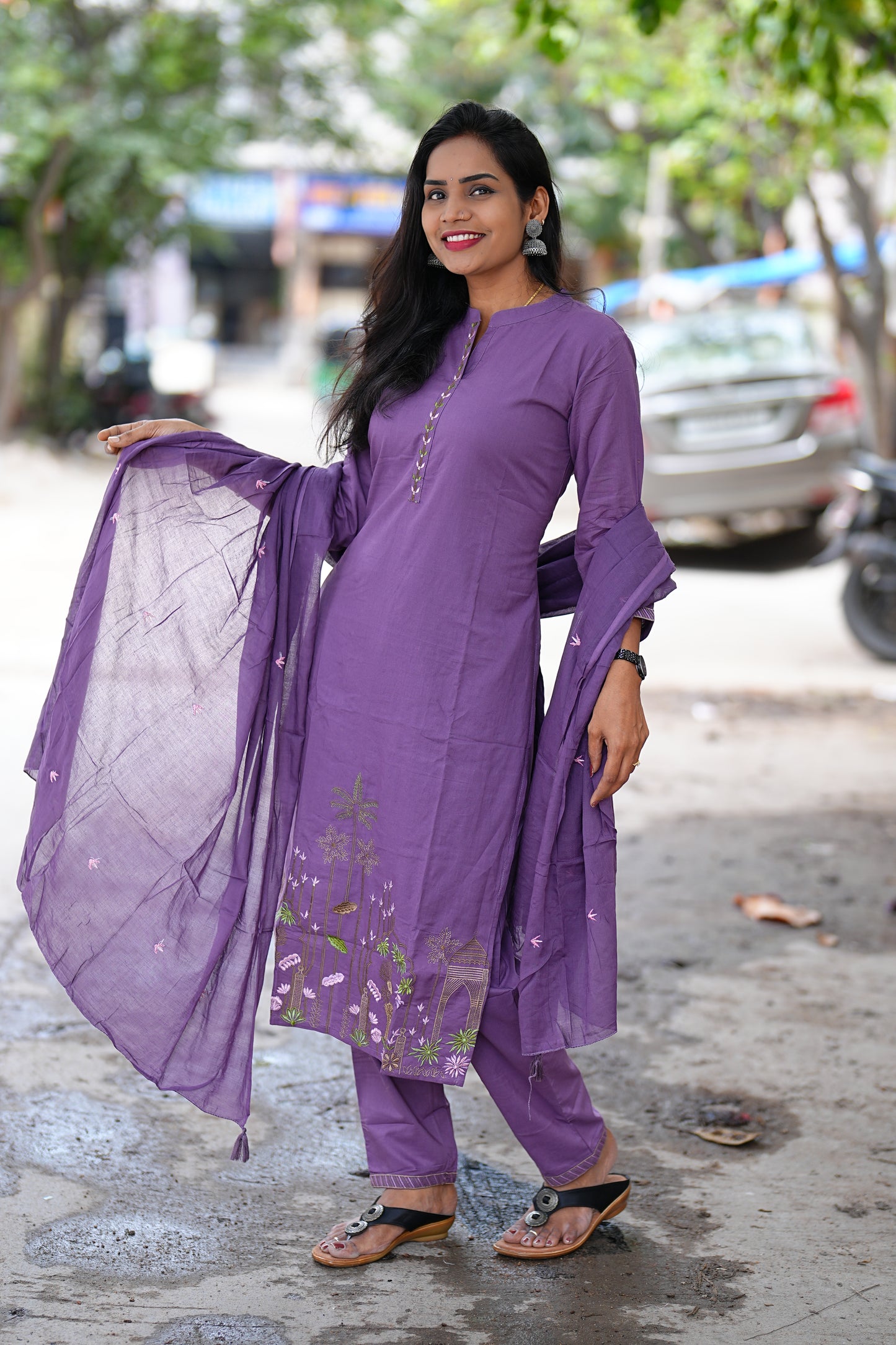 Lavender Color Jaipur Cotton Straight Cut 3 Piece Set With Complete Lining