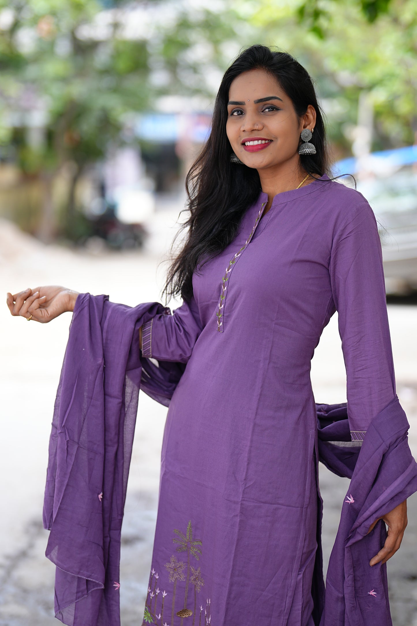 Lavender Color Jaipur Cotton Straight Cut 3 Piece Set With Complete Lining