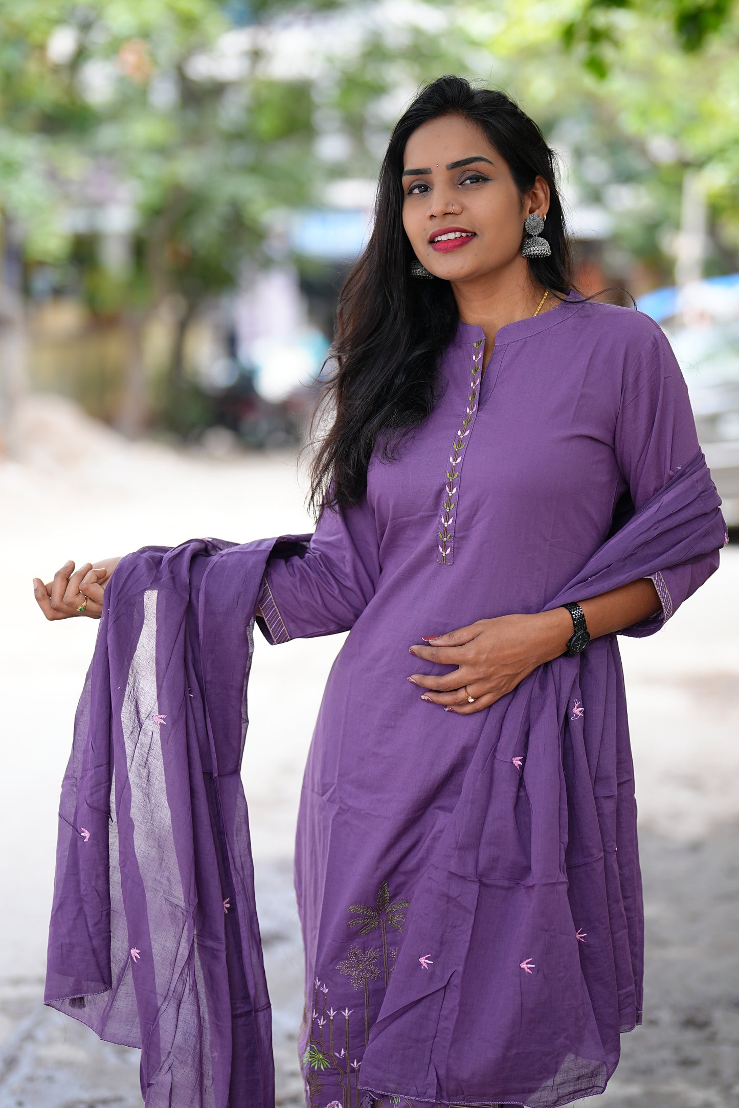 Lavender Color Jaipur Cotton Straight Cut 3 Piece Set With Complete Lining