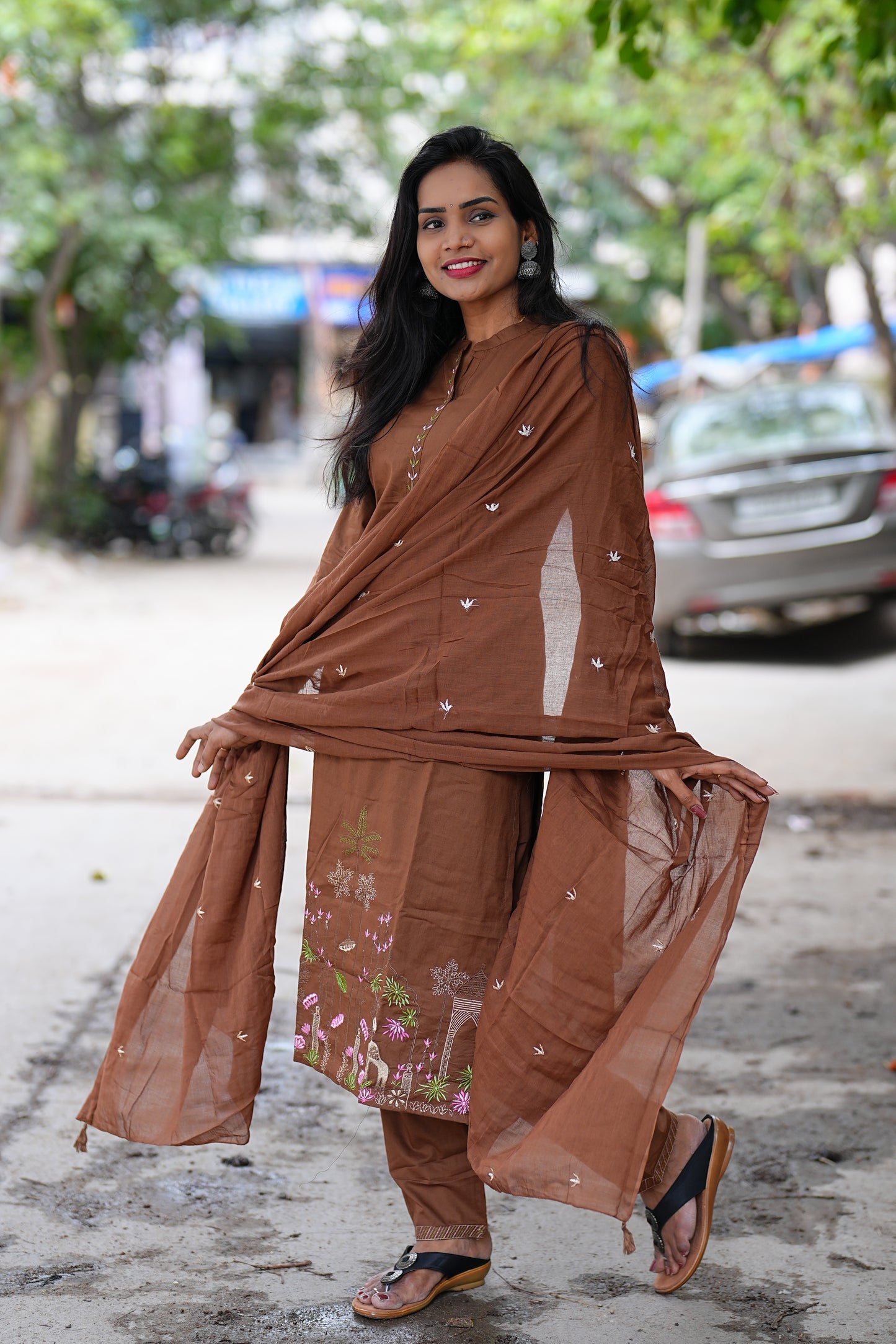 Chocolate Brown Color Pure Jaipur Cotton 3 Piece Set With Complete Lining