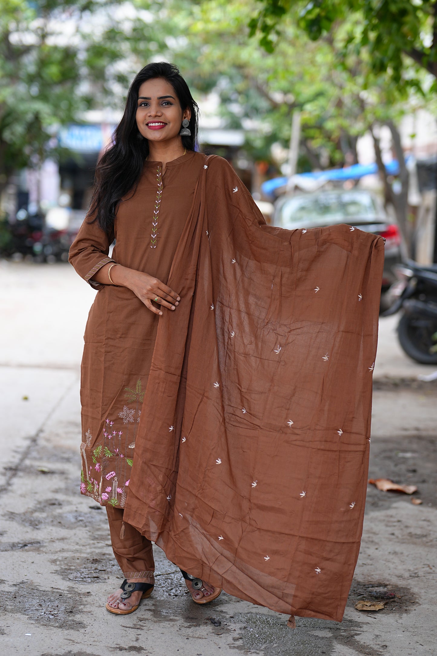 Chocolate Brown Color Pure Jaipur Cotton 3 Piece Set With Complete Lining