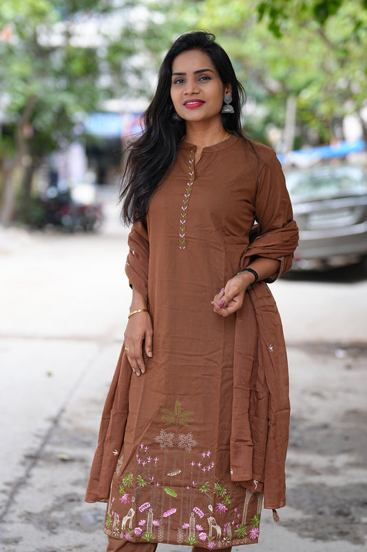 Chocolate Brown Color Pure Jaipur Cotton 3 Piece Set With Complete Lining