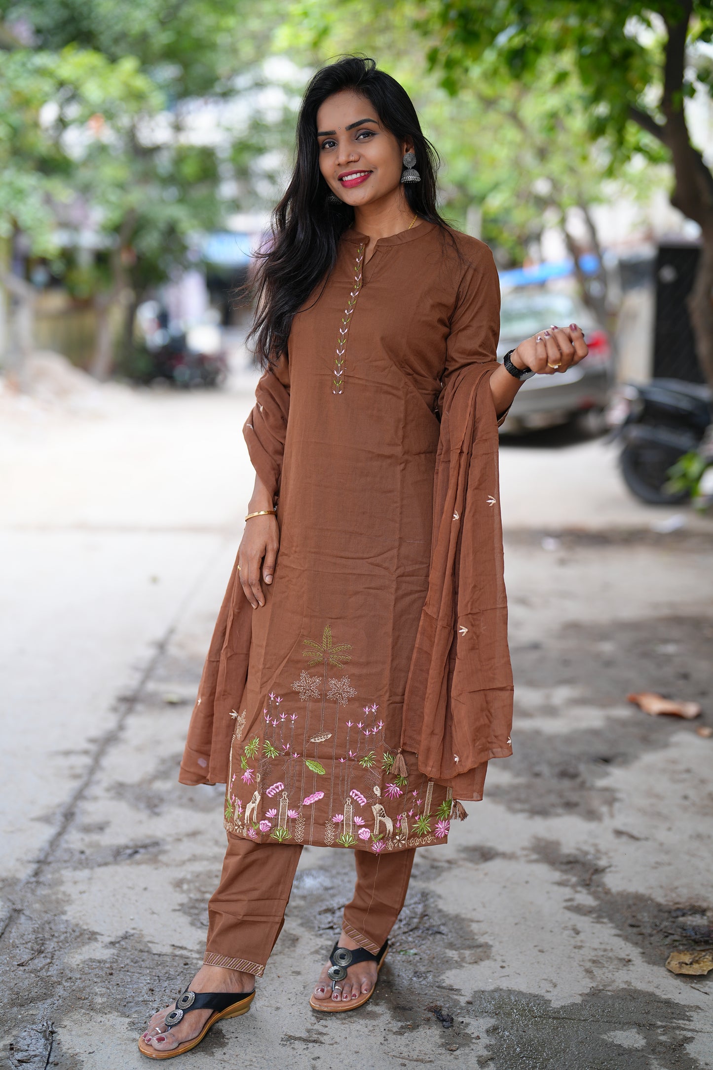 Chocolate Brown Color Pure Jaipur Cotton 3 Piece Set With Complete Lining