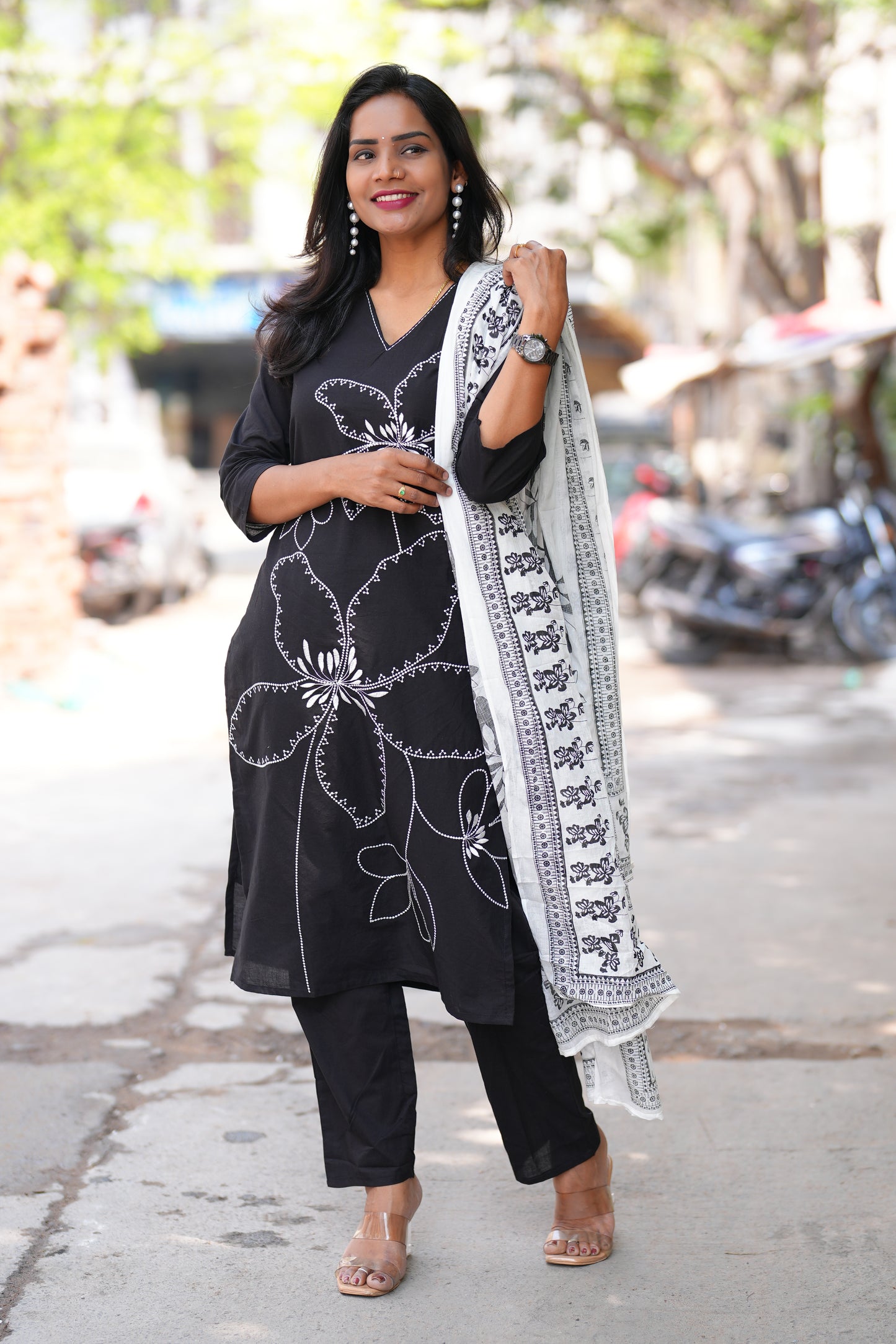 Black Color Jaipur cotton 3 Piece Set with Embroidery work and Complete Lining