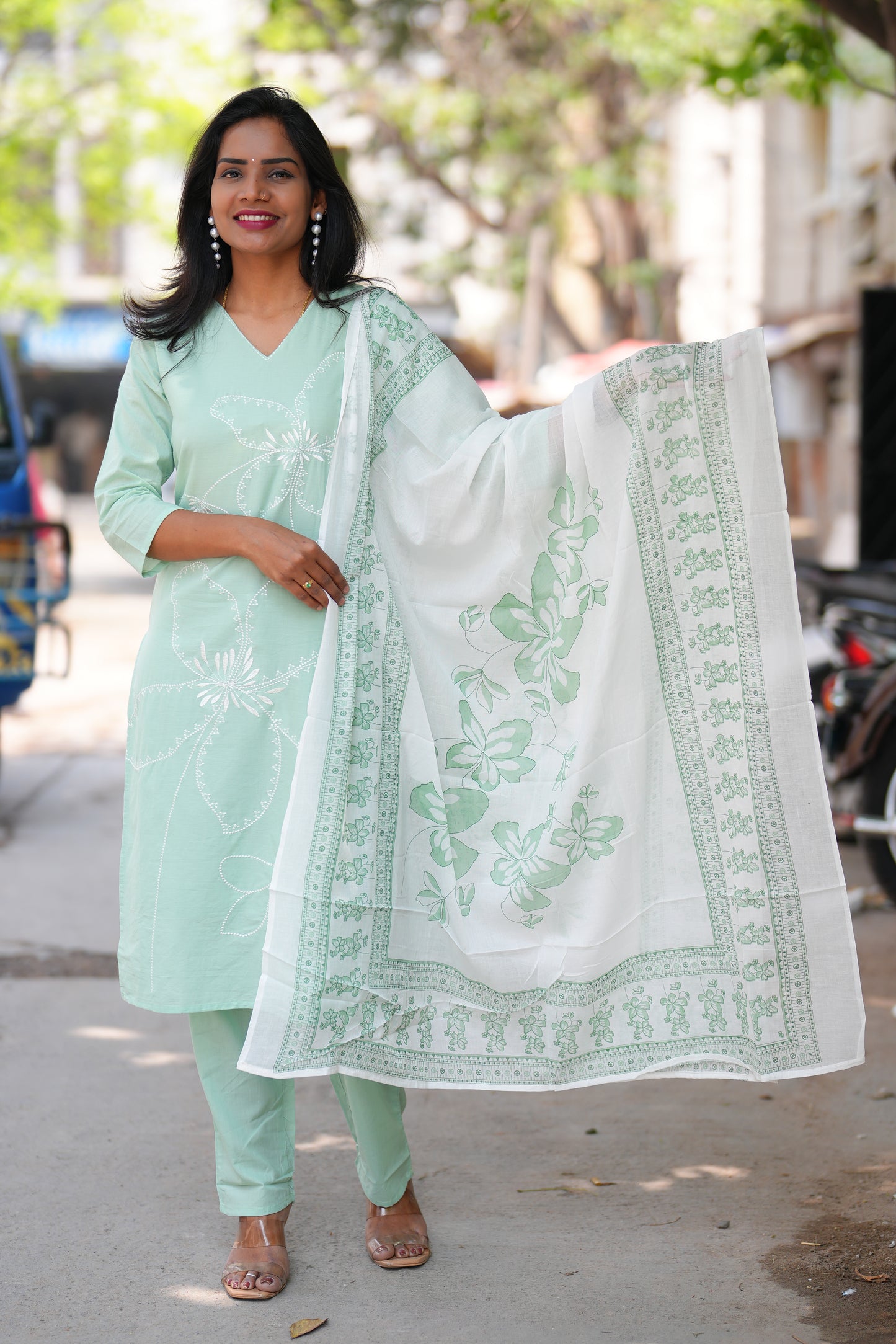 Mint Green Color Jaipur cotton 3 Piece Set with Embroidery work and Complete Lining