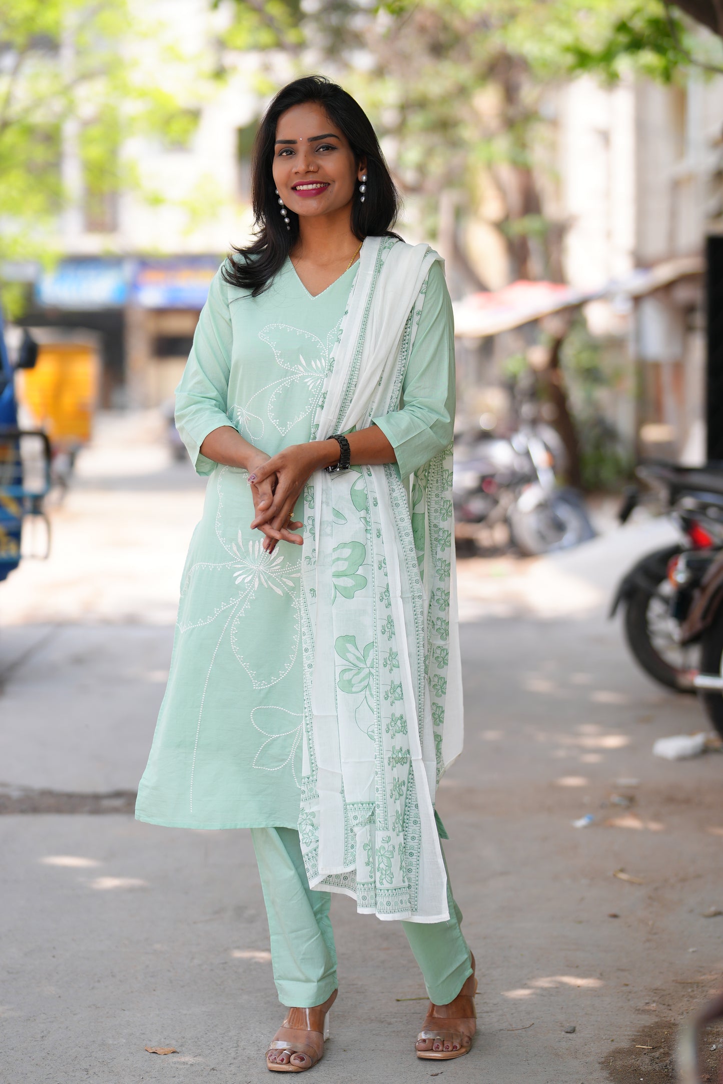 Mint Green Color Jaipur cotton 3 Piece Set with Embroidery work and Complete Lining