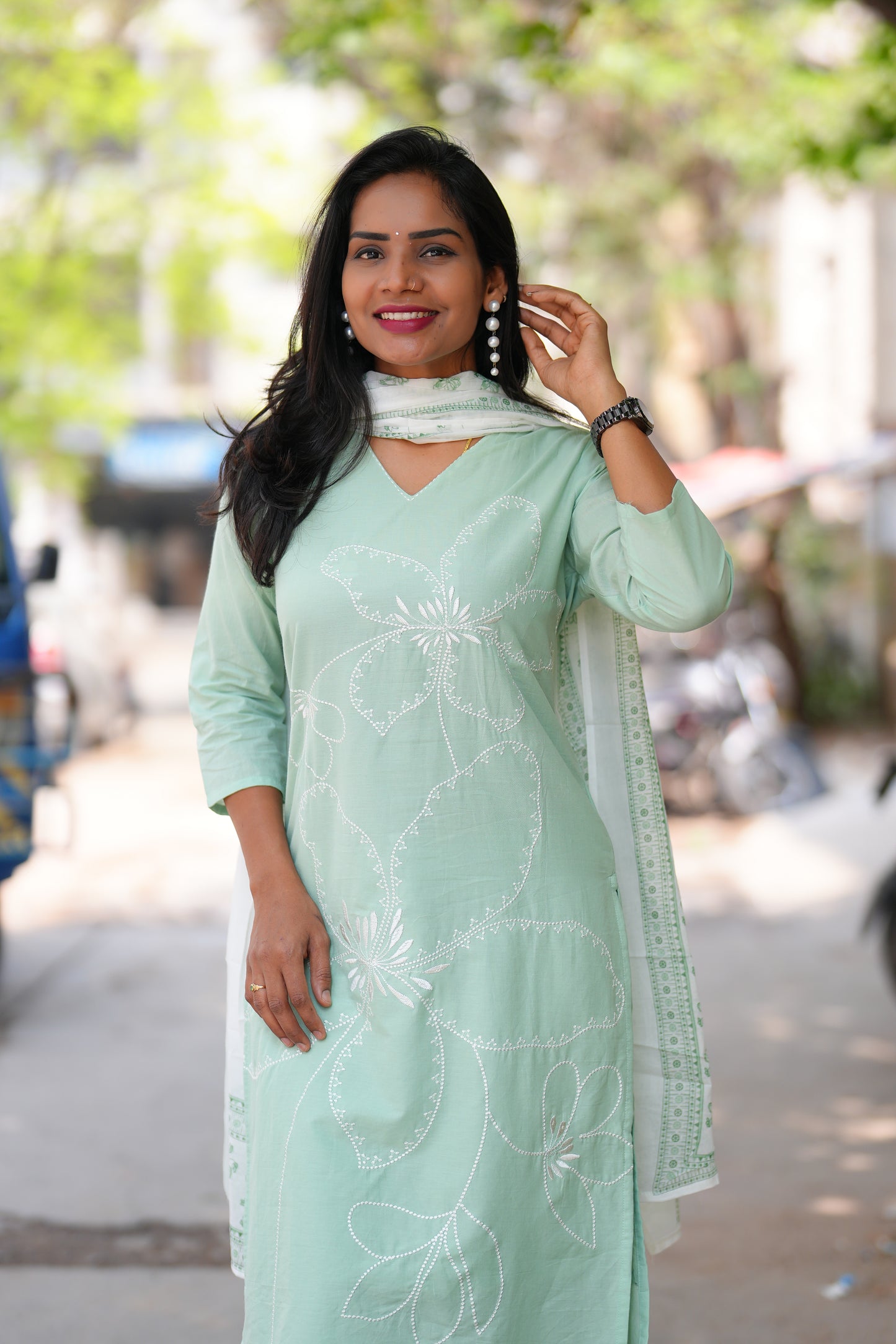 Mint Green Color Jaipur cotton 3 Piece Set with Embroidery work and Complete Lining