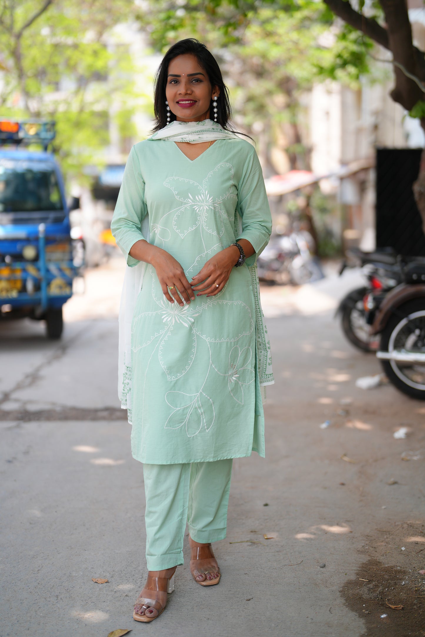 Mint Green Color Jaipur cotton 3 Piece Set with Embroidery work and Complete Lining