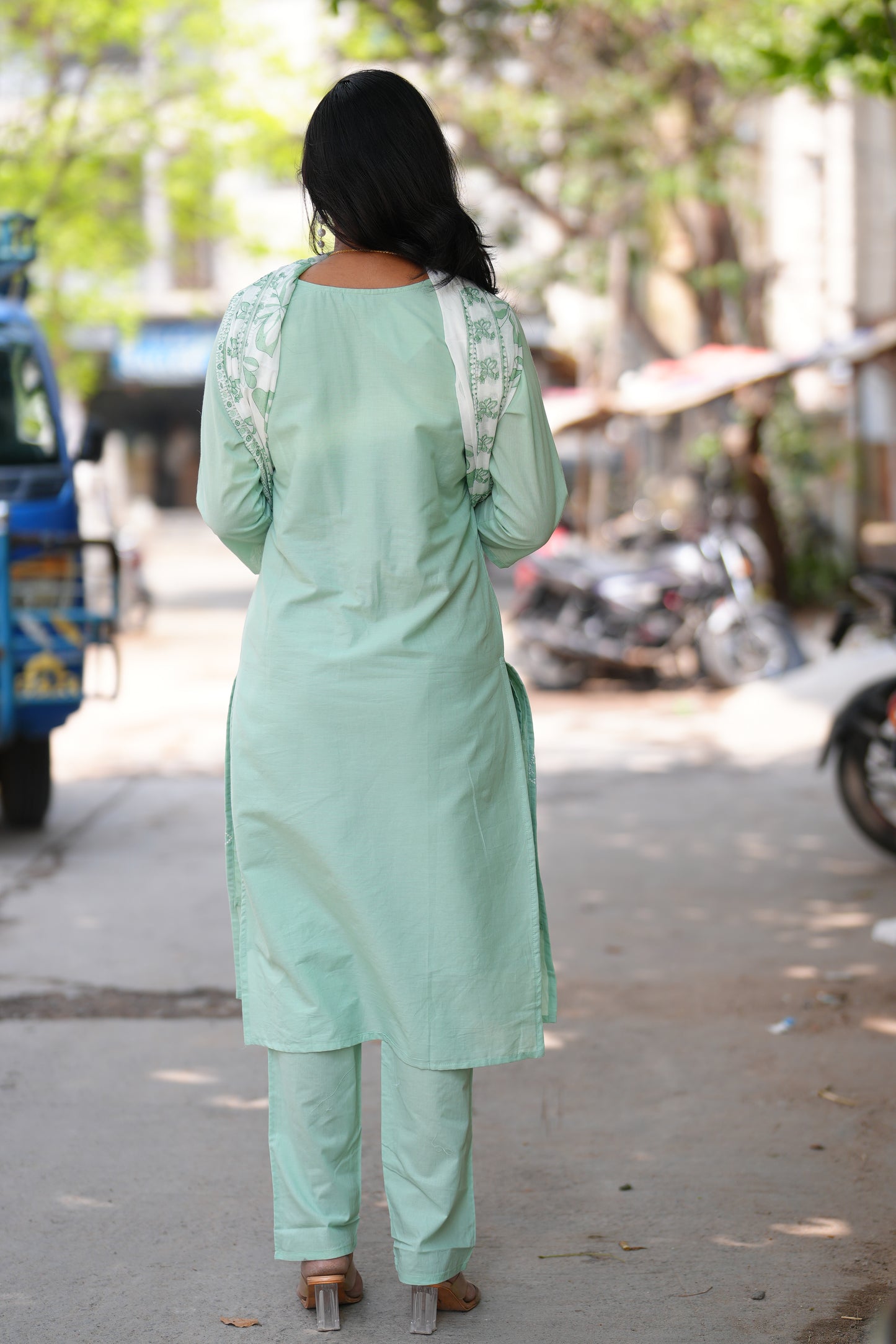 Mint Green Color Jaipur cotton 3 Piece Set with Embroidery work and Complete Lining