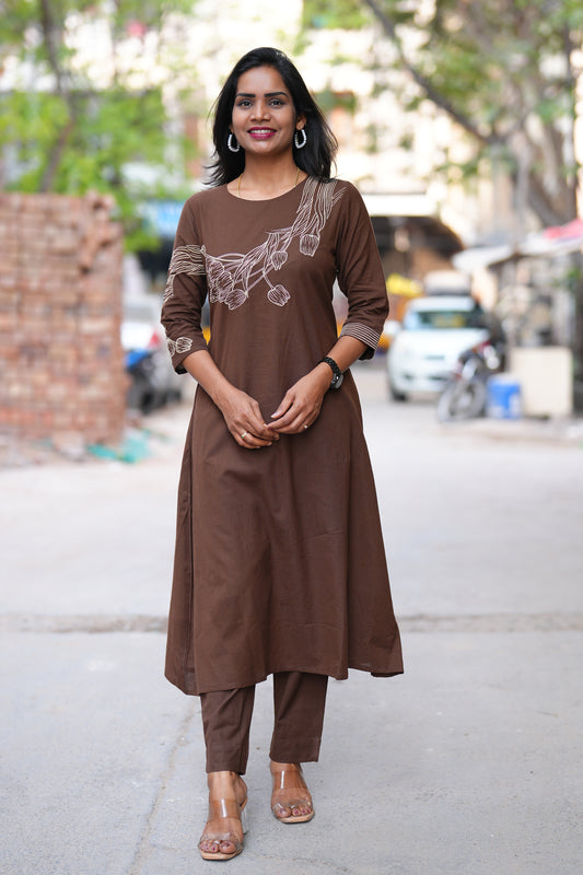 Brown Color Flex Cotton Cord Set With Embroidery work