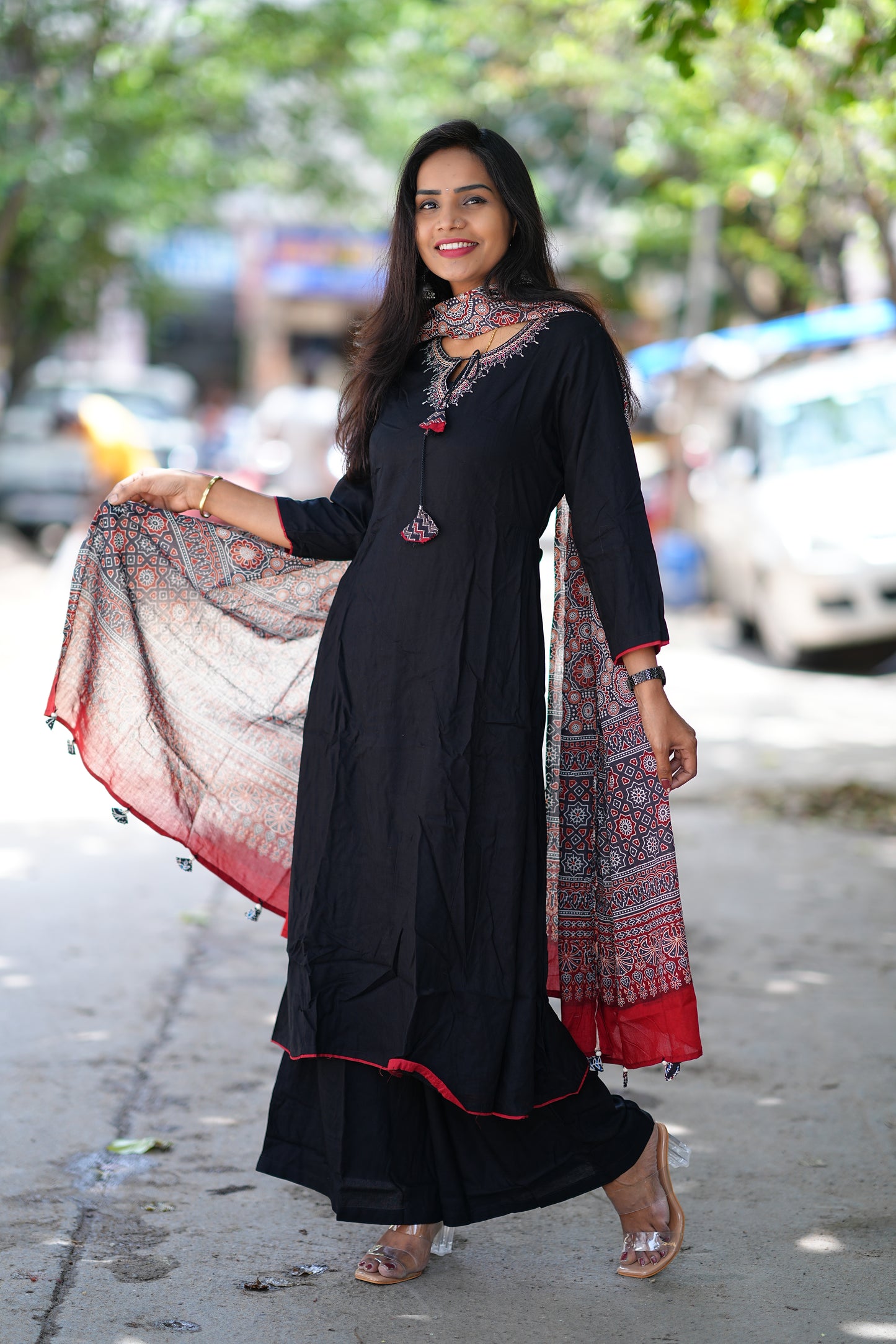 Black Color 3 Piece Suit with Mirror Work and Contrast Duppata