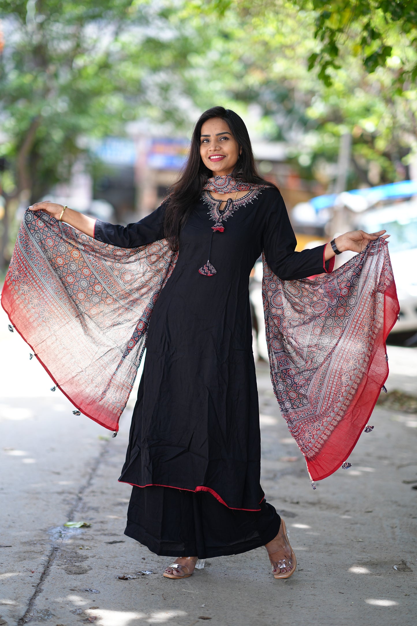 Black Color 3 Piece Suit with Mirror Work and Contrast Duppata