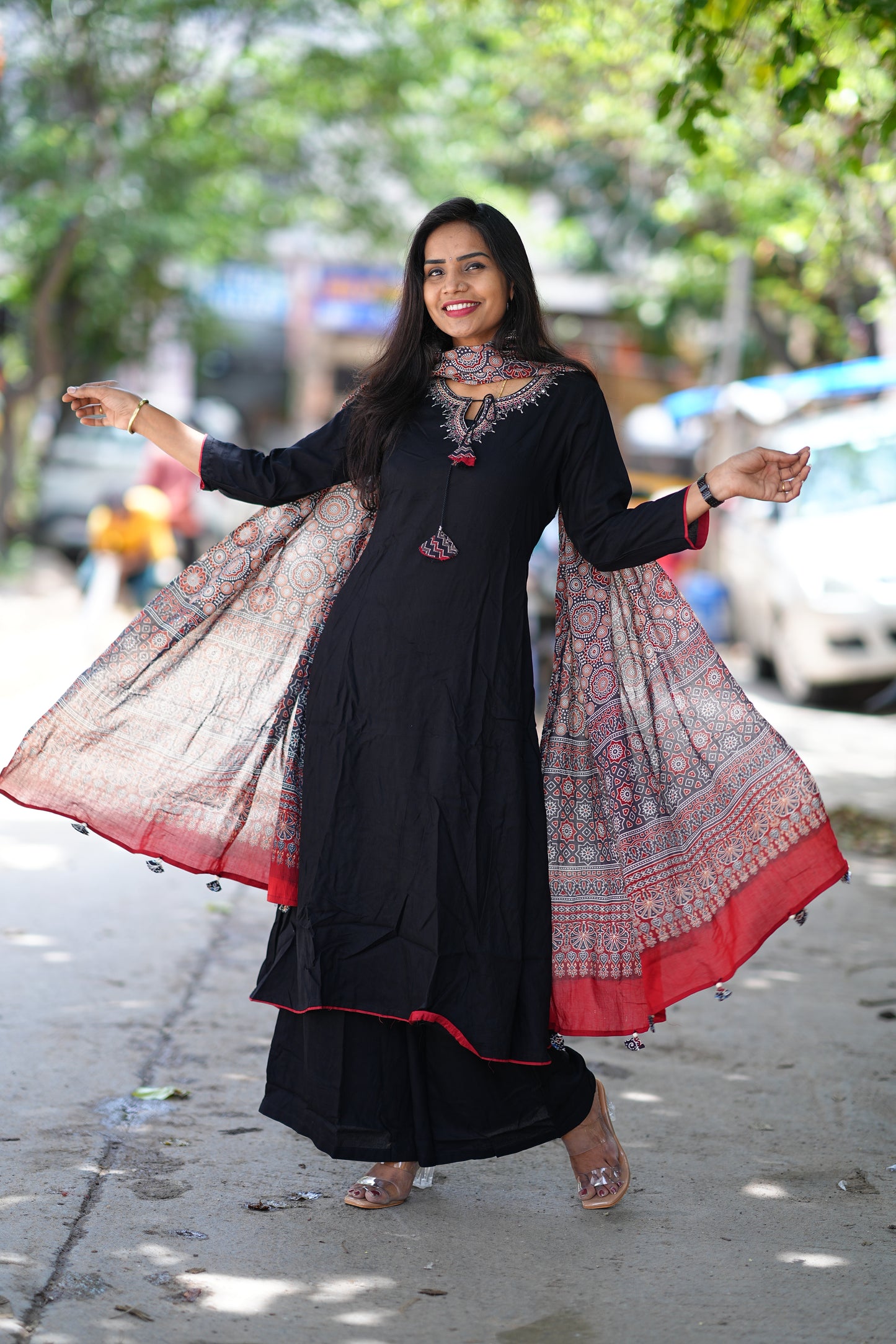 Black Color 3 Piece Suit with Mirror Work and Contrast Duppata