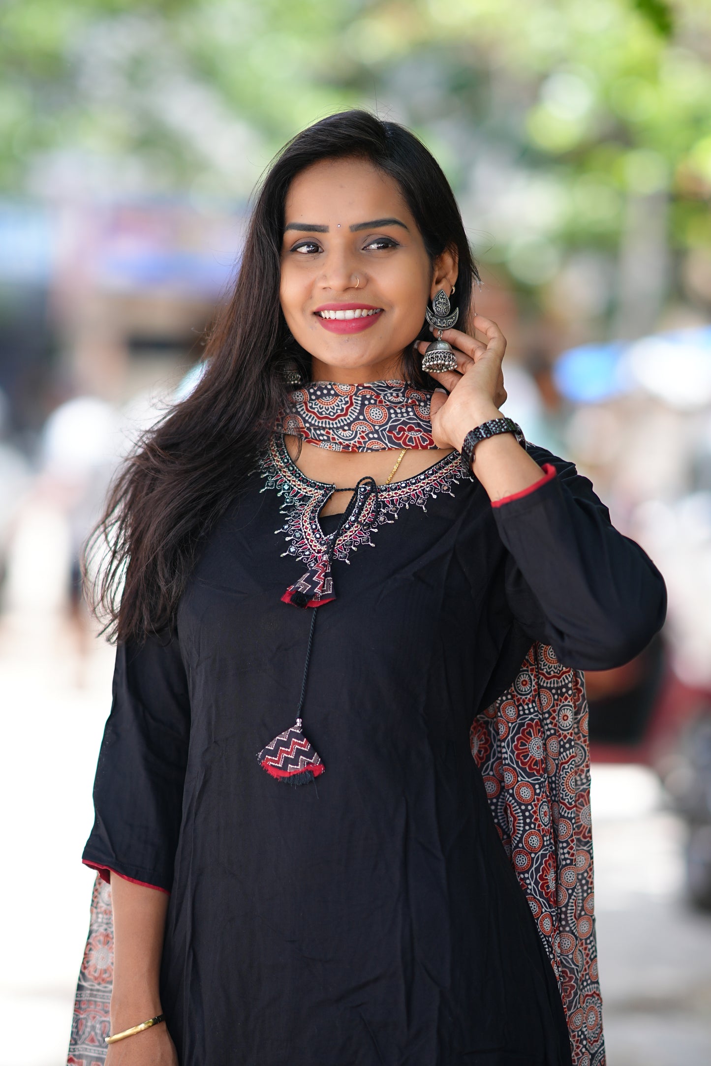 Black Color 3 Piece Suit with Mirror Work and Contrast Duppata