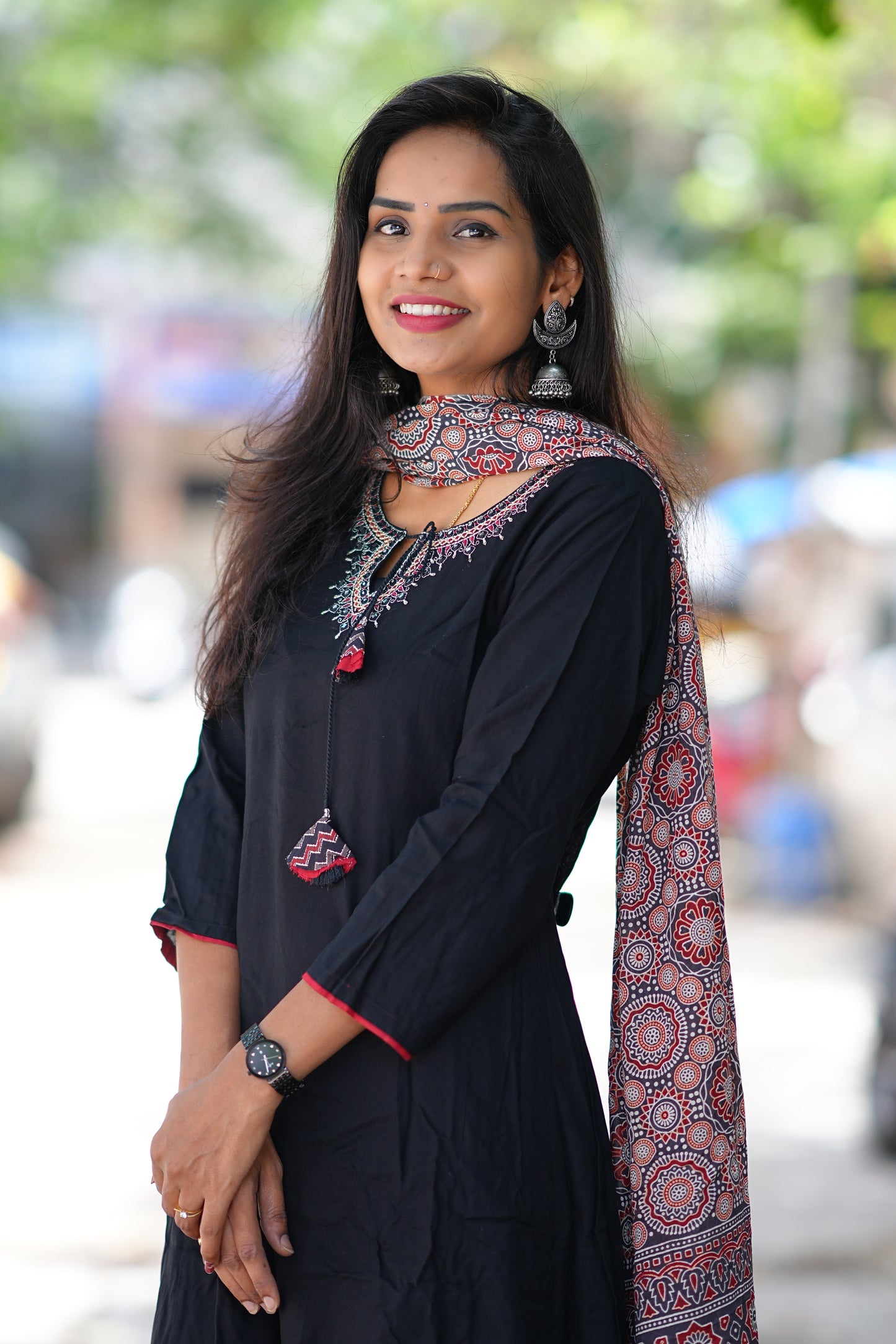 Black Color 3 Piece Suit with Mirror Work and Contrast Duppata