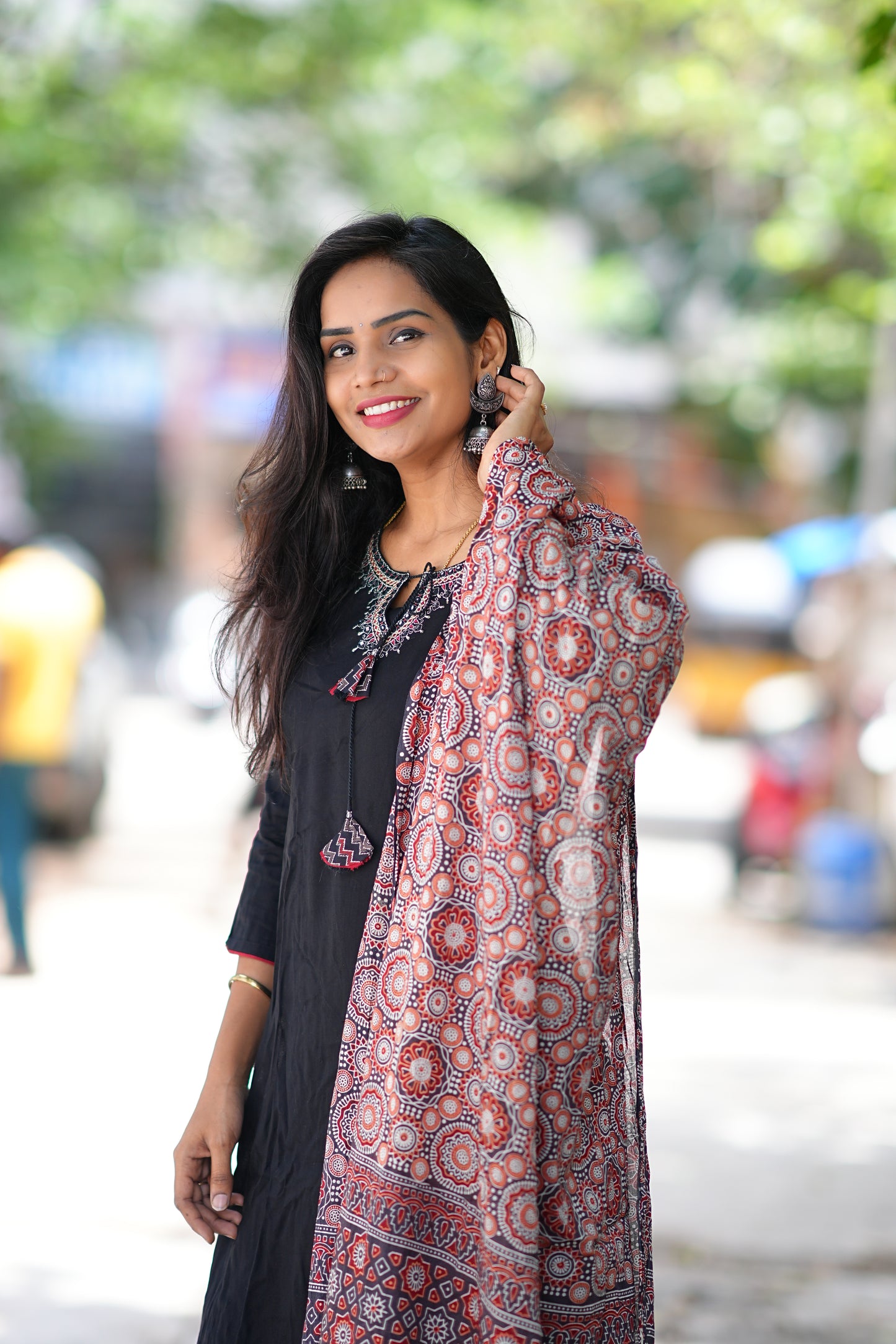 Black Color 3 Piece Suit with Mirror Work and Contrast Duppata
