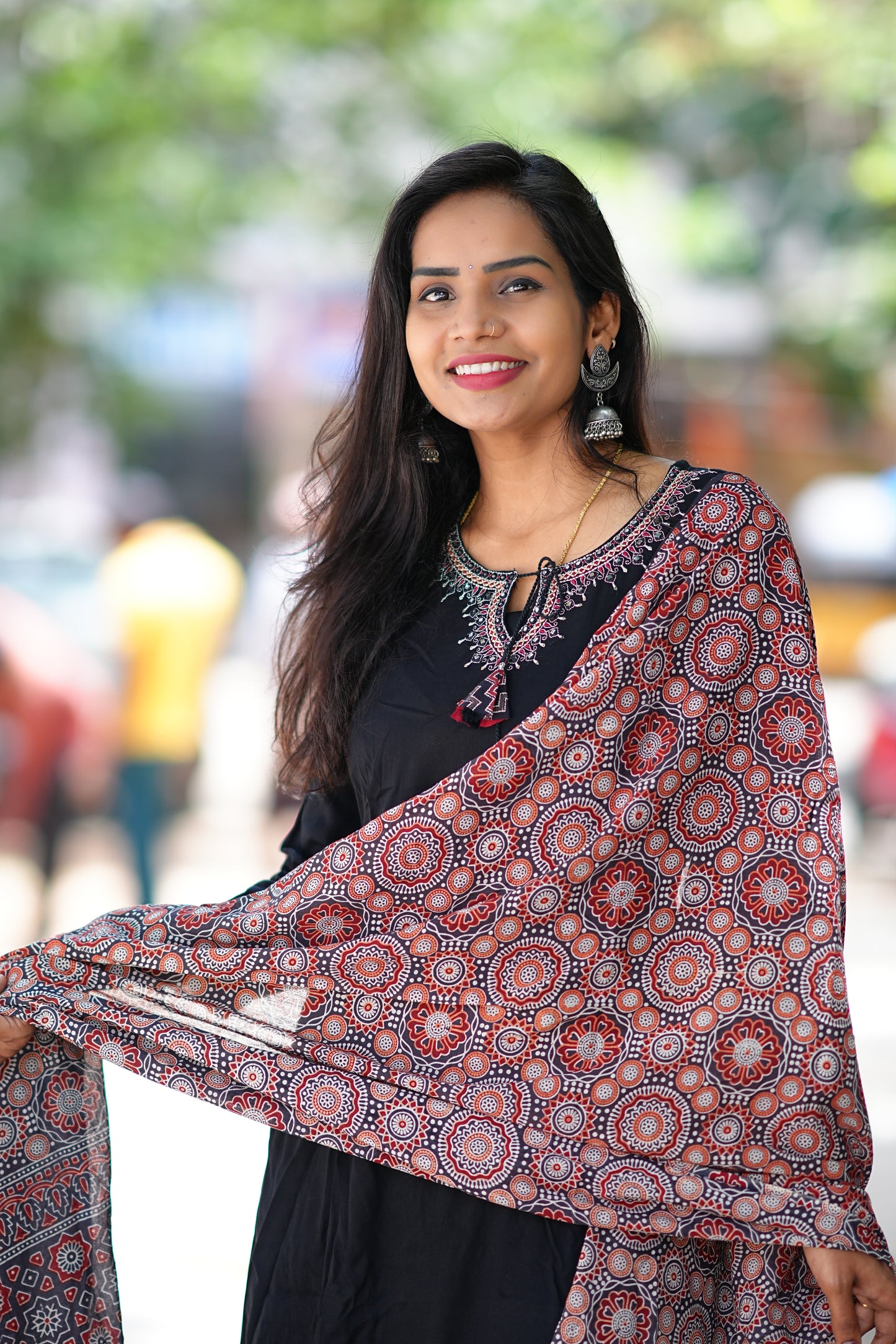 Black Color 3 Piece Suit with Mirror Work and Contrast Duppata