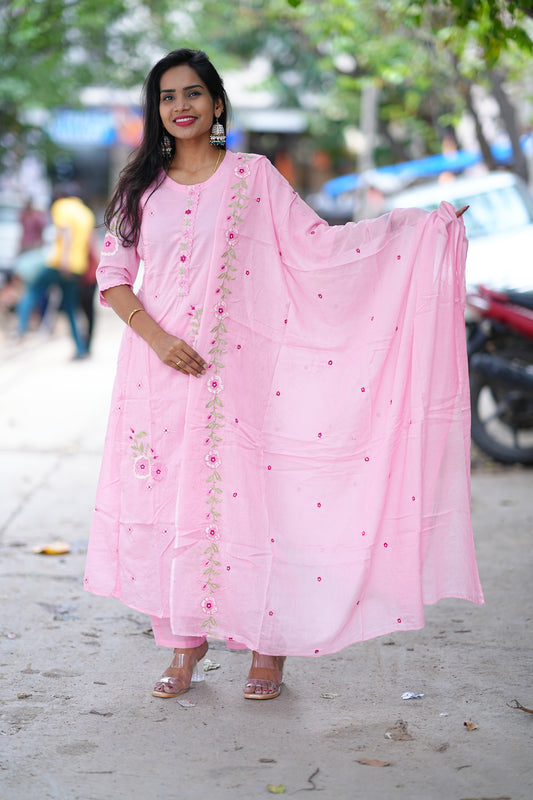 Pink Color Pure Mul Mul Cotton Anarkali 3 Piece Set With Thread Embroidery