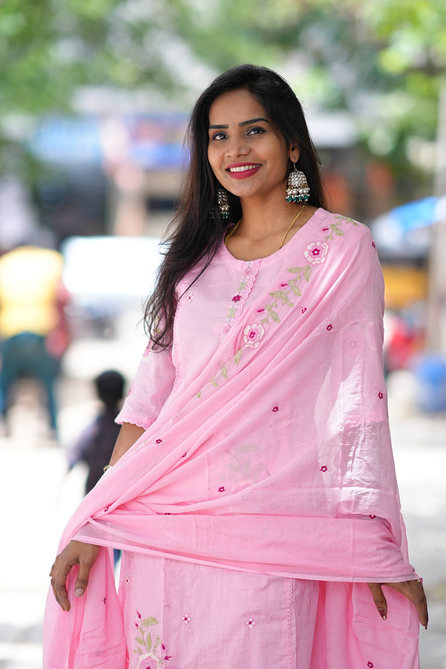 Pink Color Pure Mul Mul Cotton Anarkali 3 Piece Set With Thread Embroidery