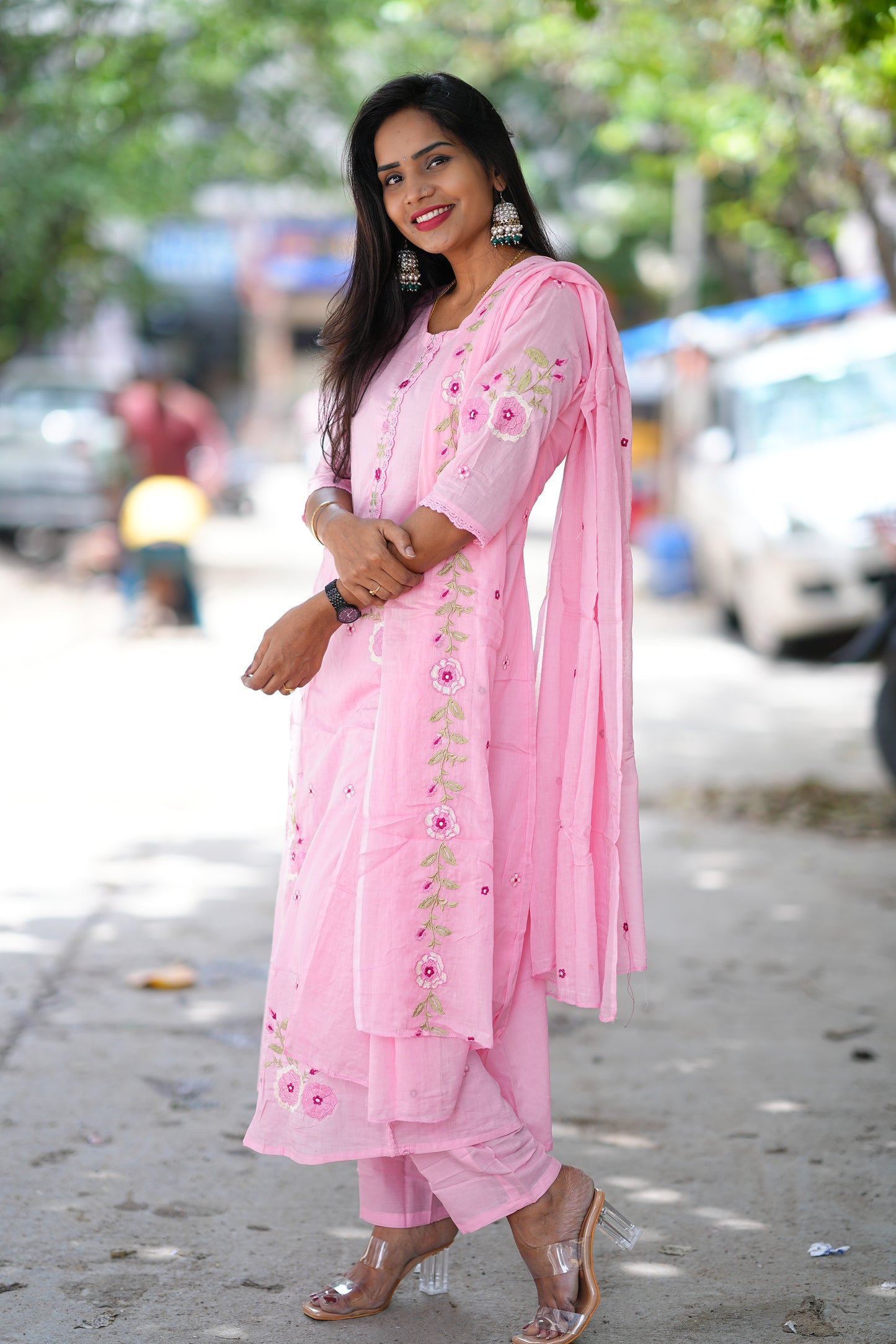 Pink Color Pure Mul Mul Cotton Anarkali 3 Piece Set With Thread Embroidery