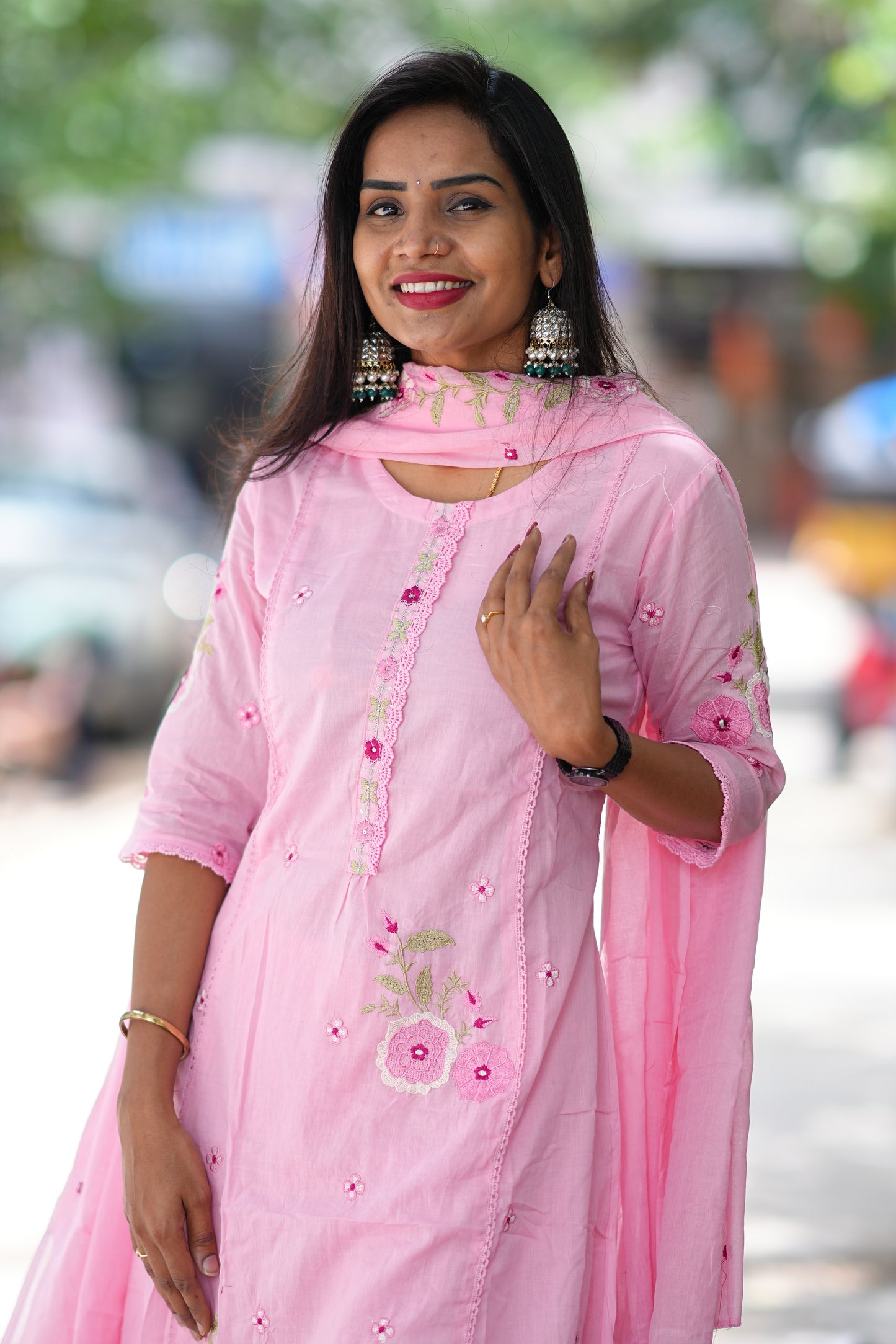Pink Color Pure Mul Mul Cotton Anarkali 3 Piece Set With Thread Embroidery