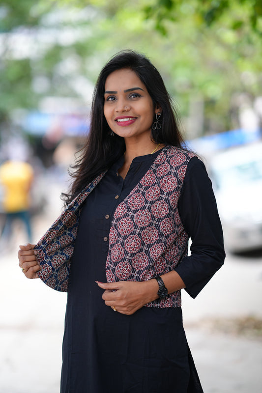 Jaipur Cotton Black Color Top With Ajrak Print Coat
