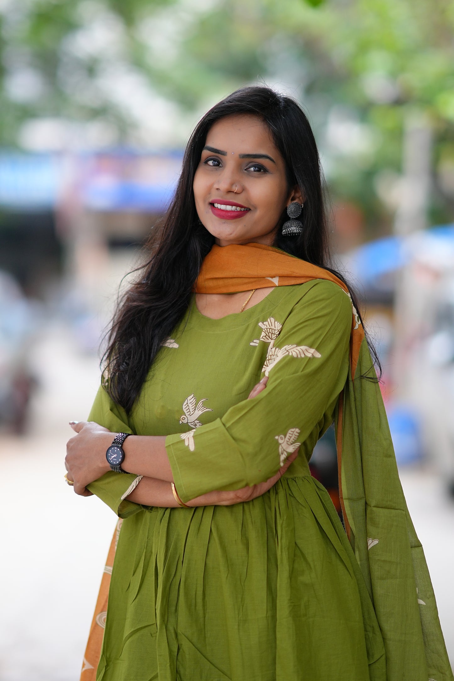 Green Color Jaipur Cotton With Orange Elephant Print Dupatta 3 Piece Set
