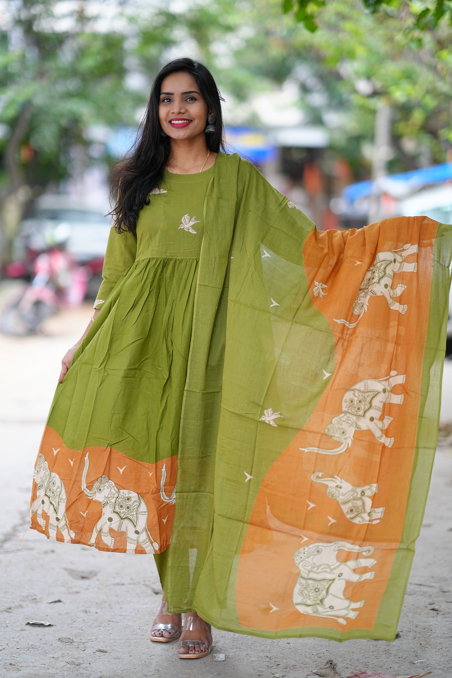 Green Color Jaipur Cotton With Orange Elephant Print Dupatta 3 Piece Set