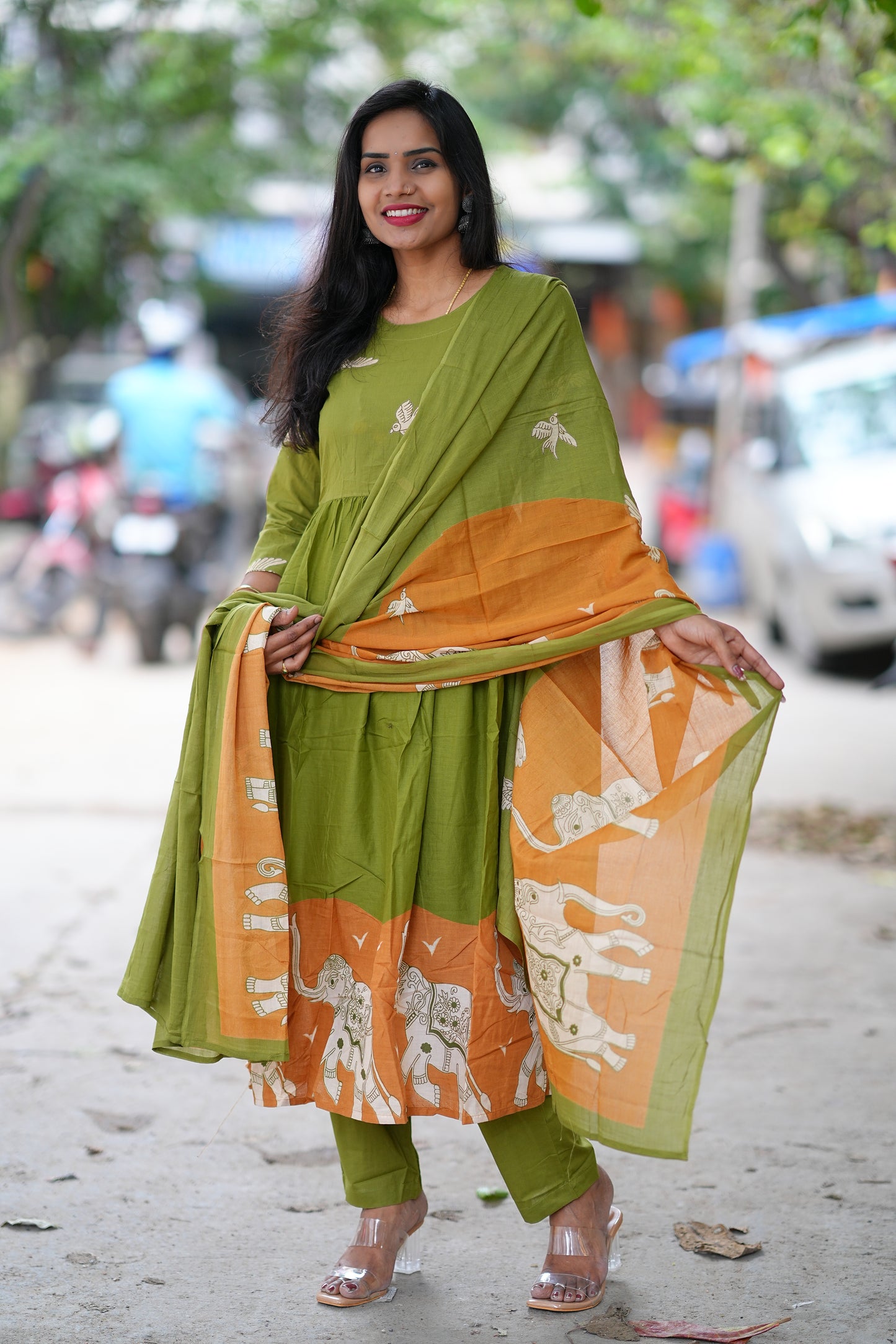 Green Color Jaipur Cotton With Orange Elephant Print Dupatta 3 Piece Set