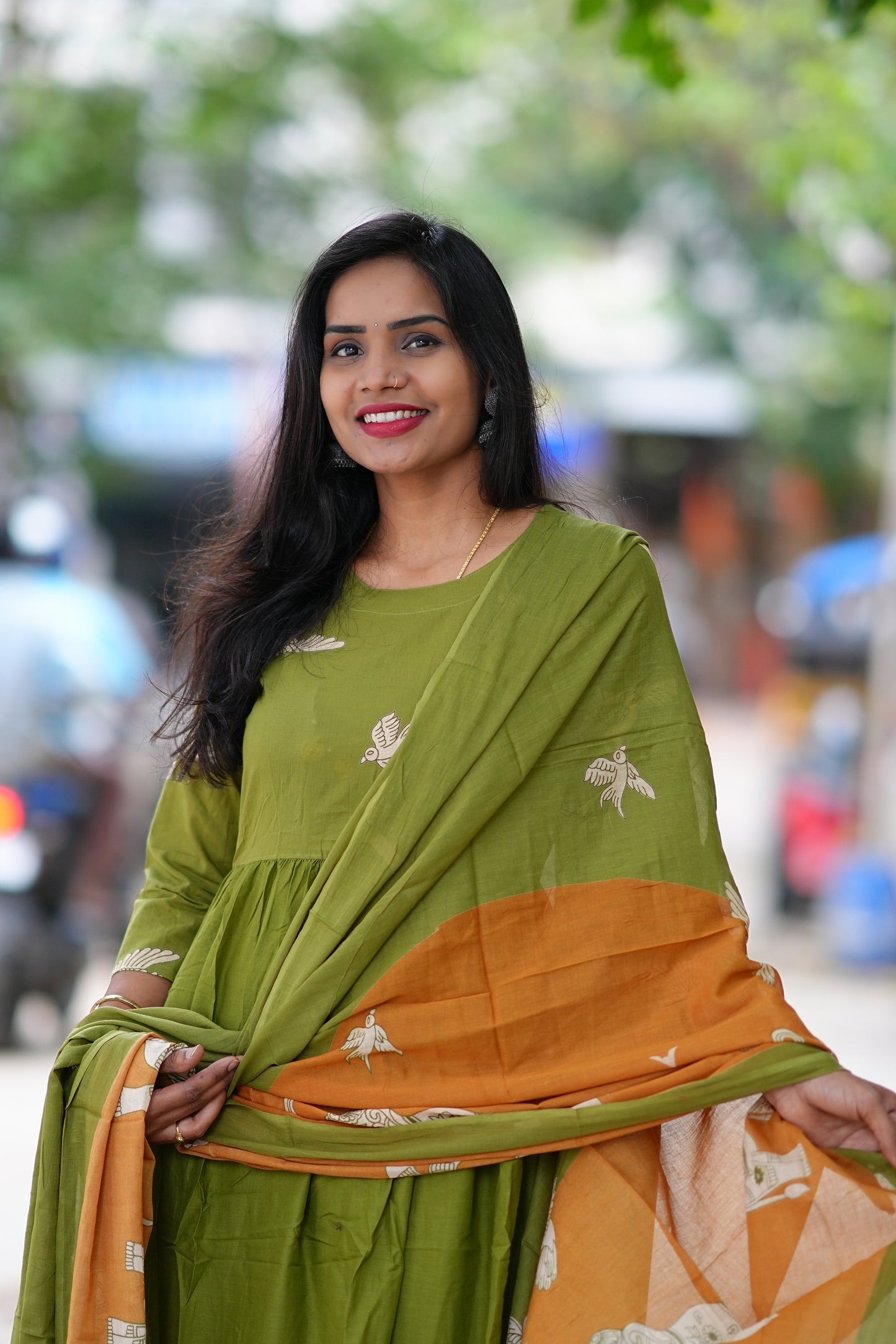 Green Color Jaipur Cotton With Orange Elephant Print Dupatta 3 Piece Set