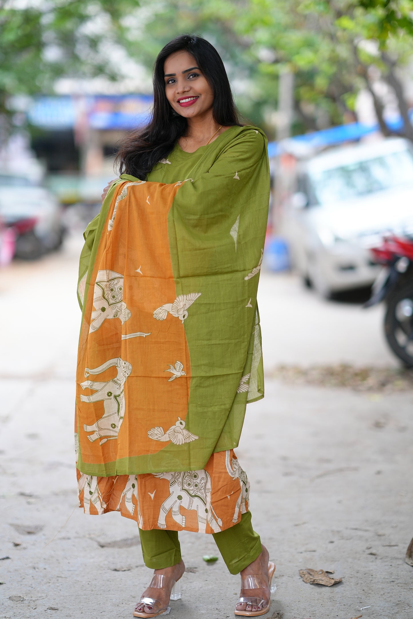 Green Color Jaipur Cotton With Orange Elephant Print Dupatta 3 Piece Set