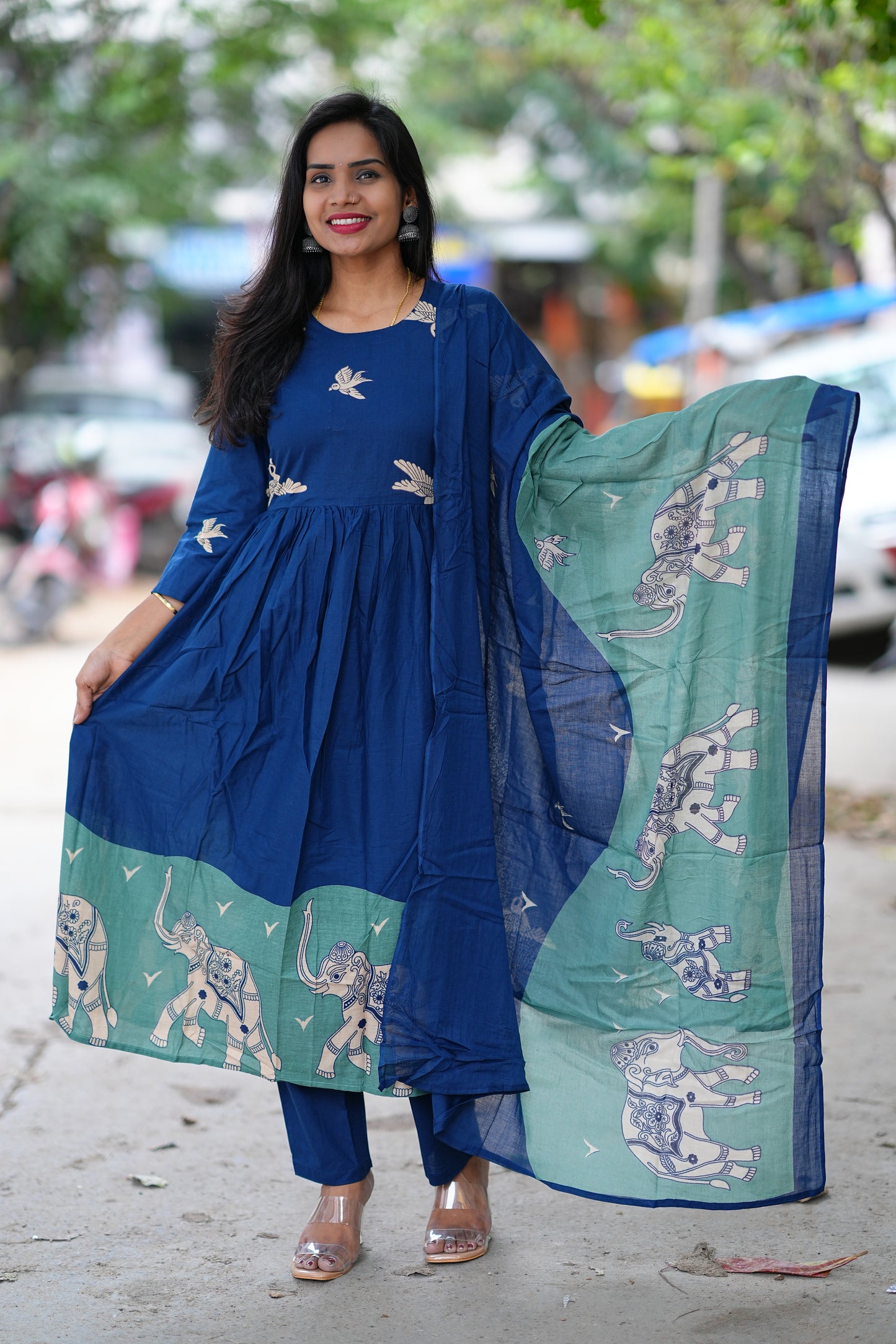 Blue Color Jaipur Cotton With Green Elephant Print Dupatta 3 Piece Set