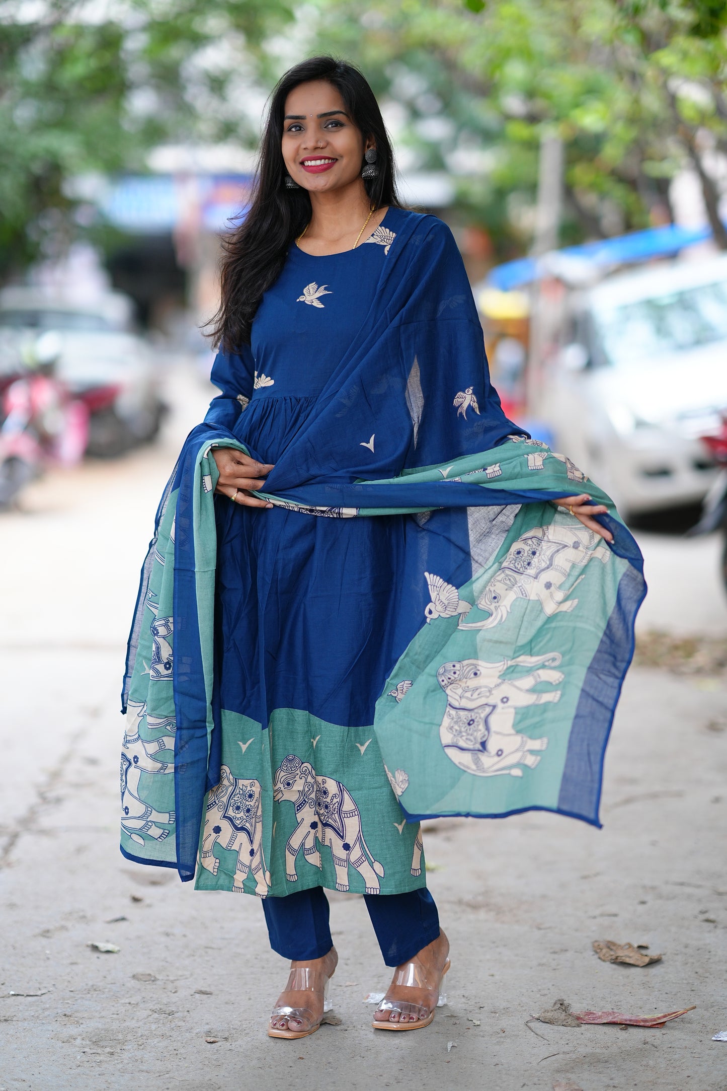 Blue Color Jaipur Cotton With Green Elephant Print Dupatta 3 Piece Set