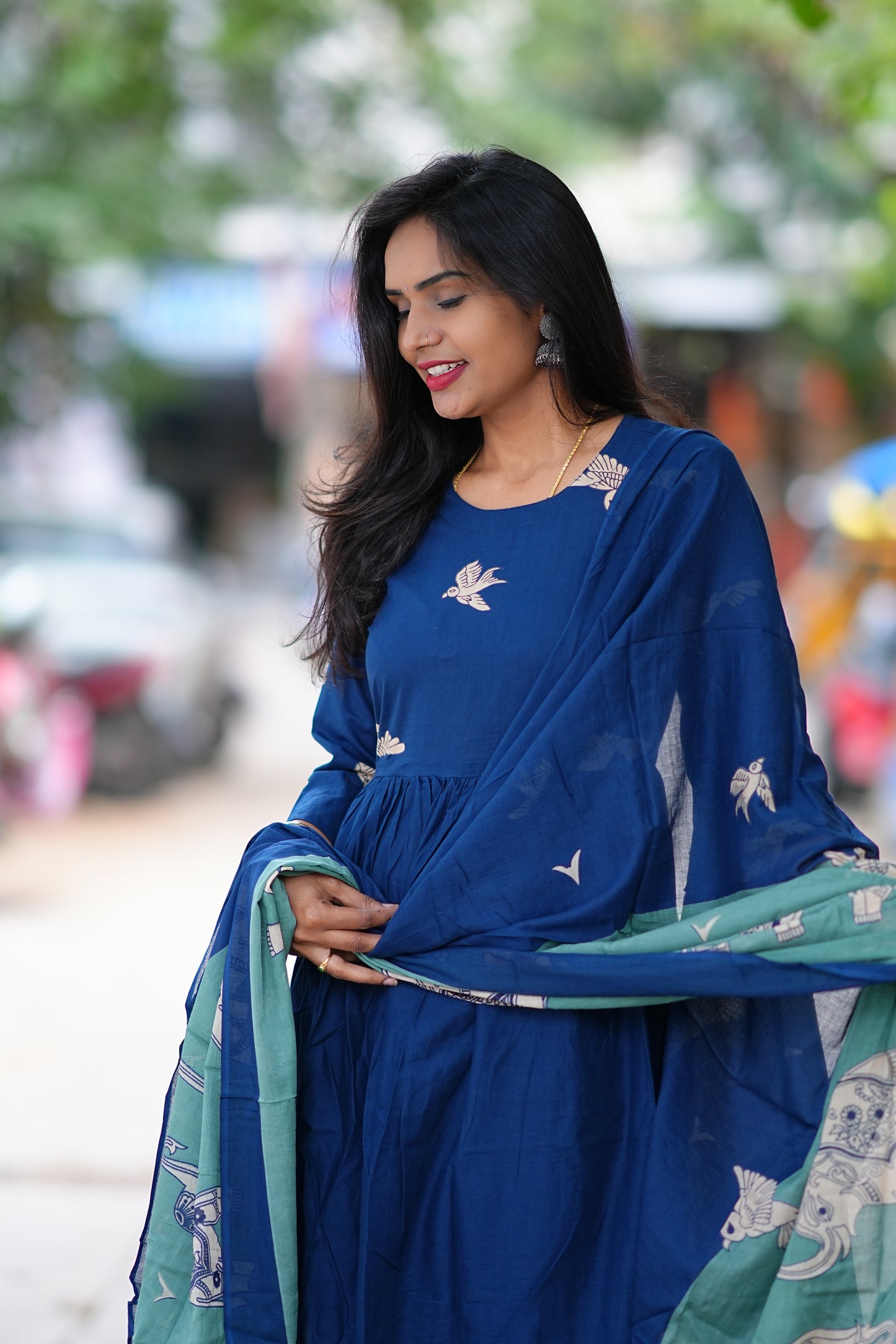 Blue Color Jaipur Cotton With Green Elephant Print Dupatta 3 Piece Set