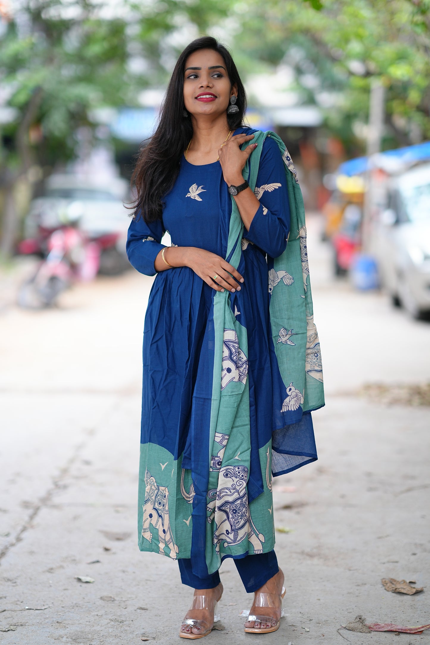 Blue Color Jaipur Cotton With Green Elephant Print Dupatta 3 Piece Set