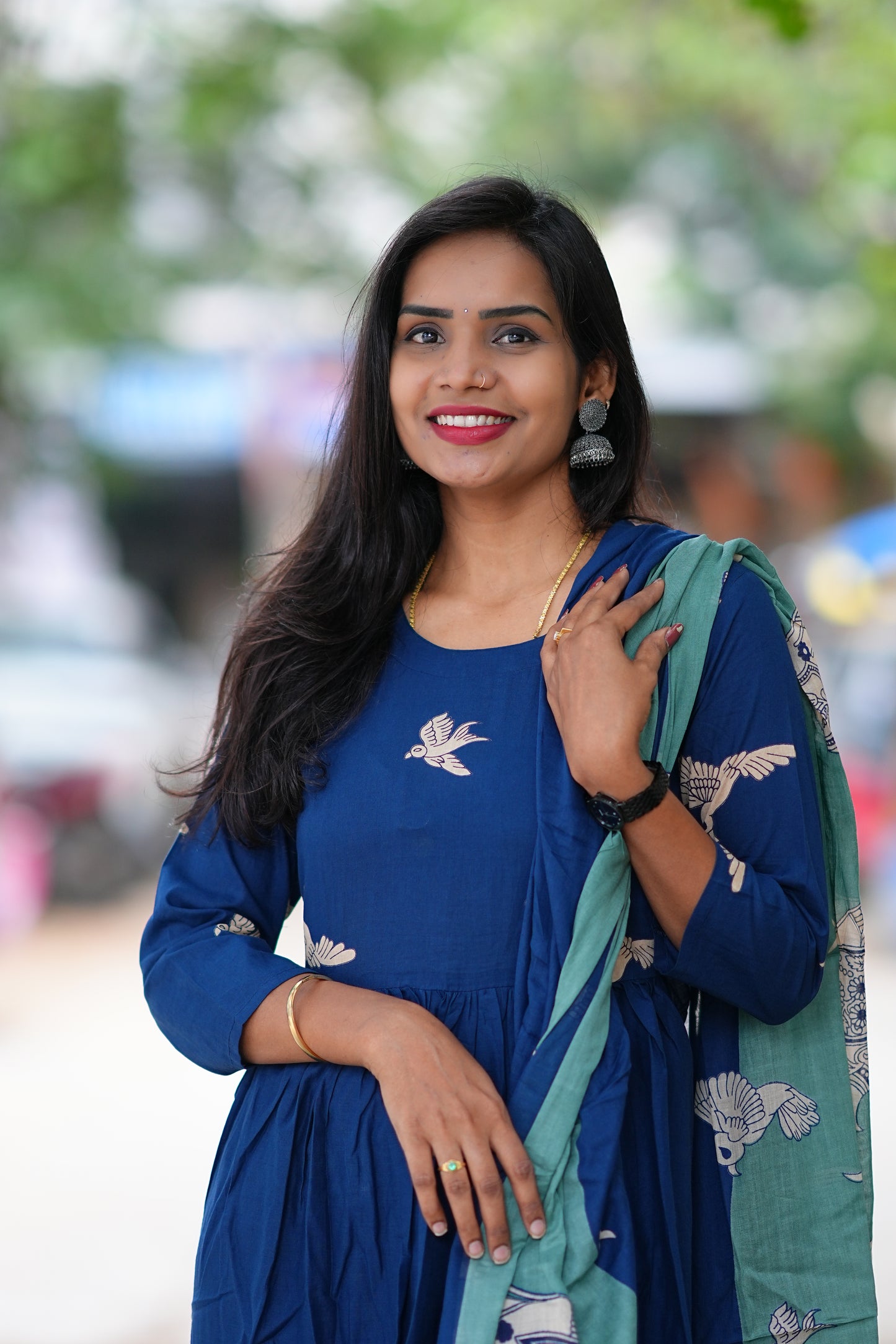 Blue Color Jaipur Cotton With Green Elephant Print Dupatta 3 Piece Set