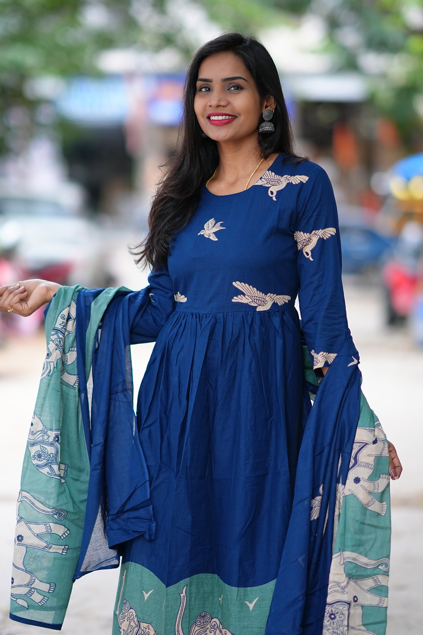 Blue Color Jaipur Cotton With Green Elephant Print Dupatta 3 Piece Set
