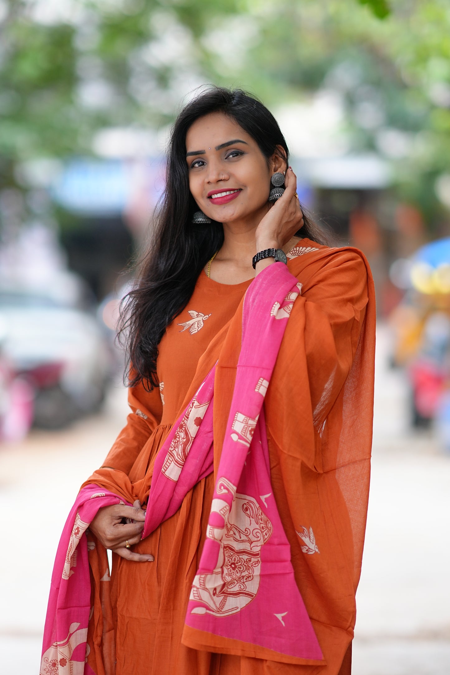 Orange Color Jaipur Cotton With Elephant Print Dupatta 3 Piece Set