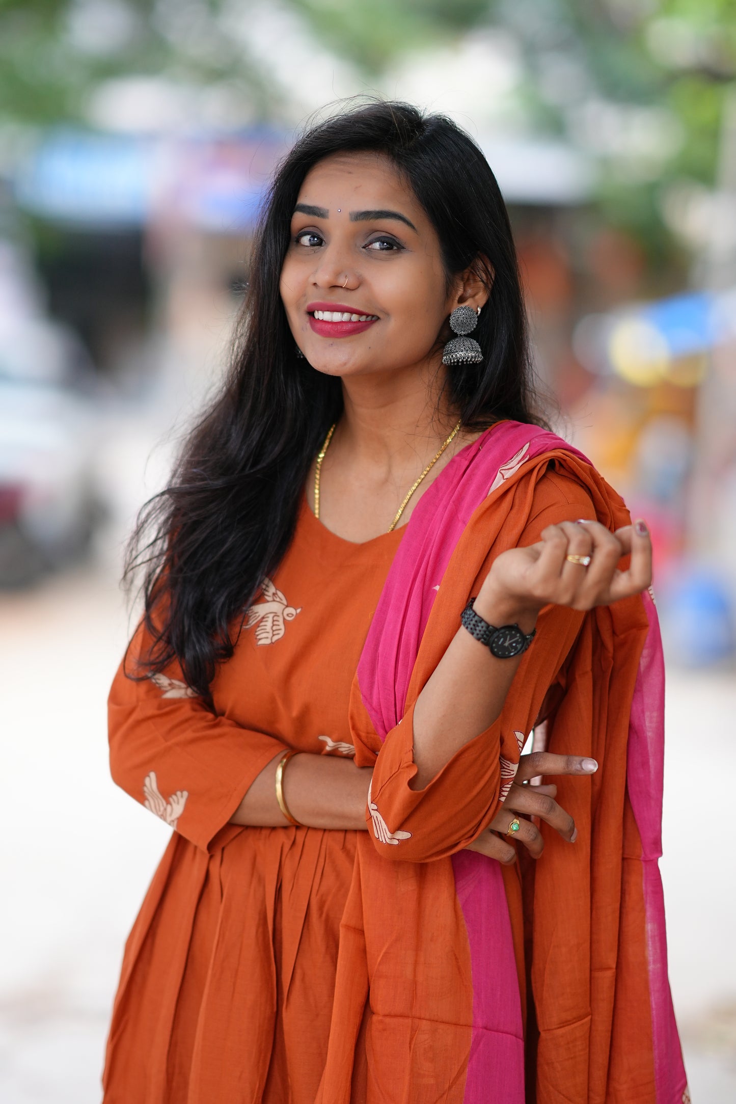 Orange Color Jaipur Cotton With Elephant Print Dupatta 3 Piece Set
