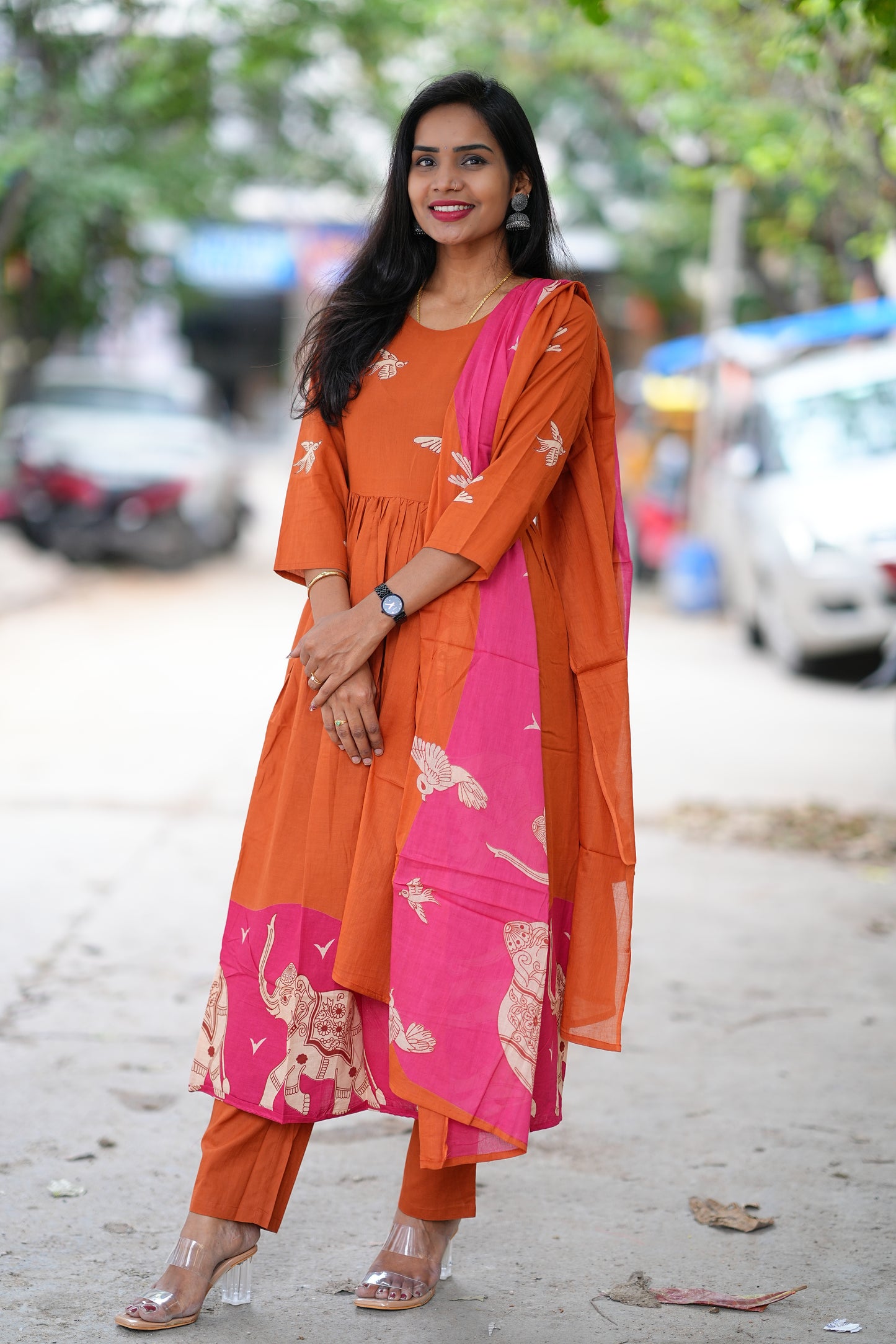 Orange Color Jaipur Cotton With Elephant Print Dupatta 3 Piece Set