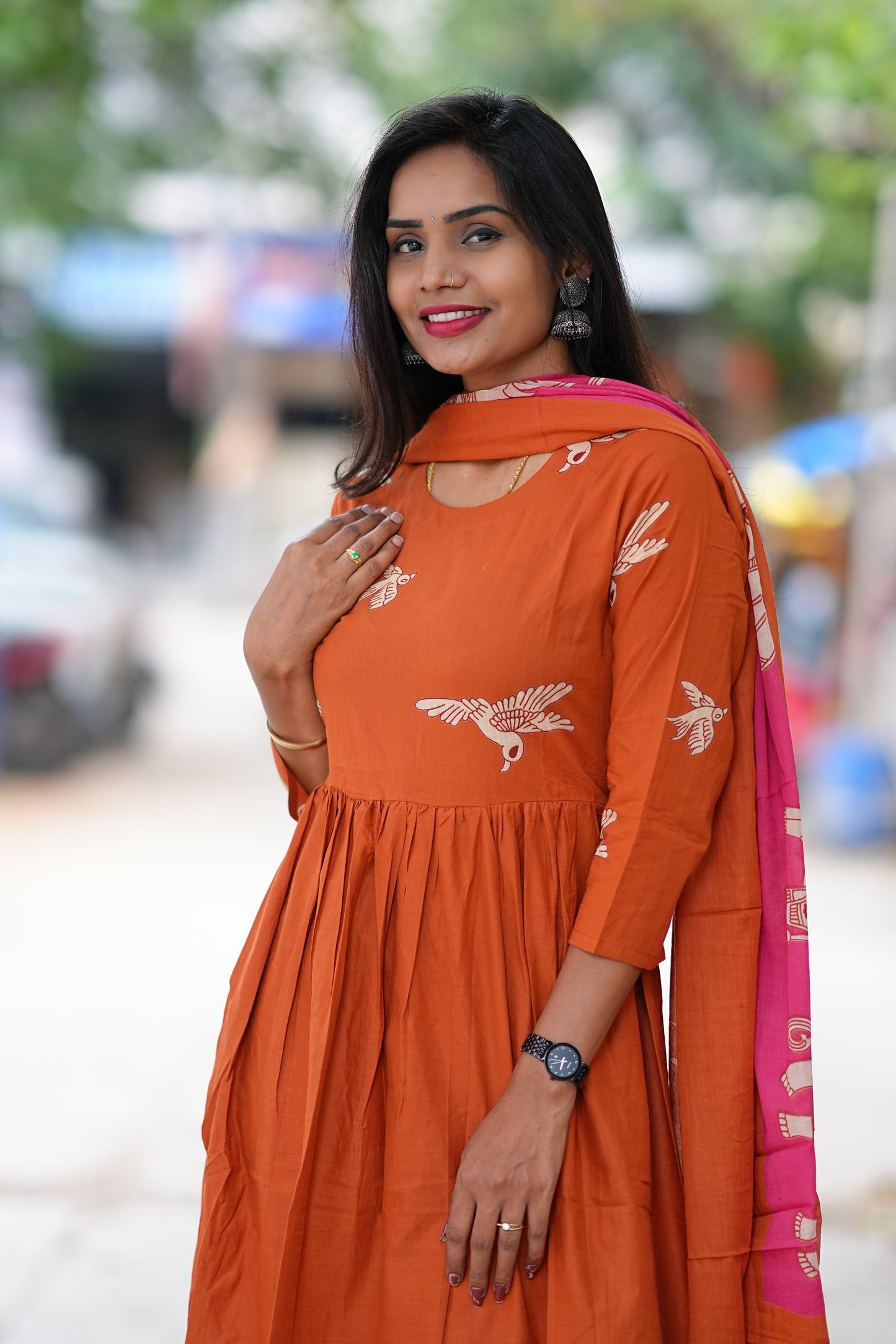 Orange Color Jaipur Cotton With Elephant Print Dupatta 3 Piece Set