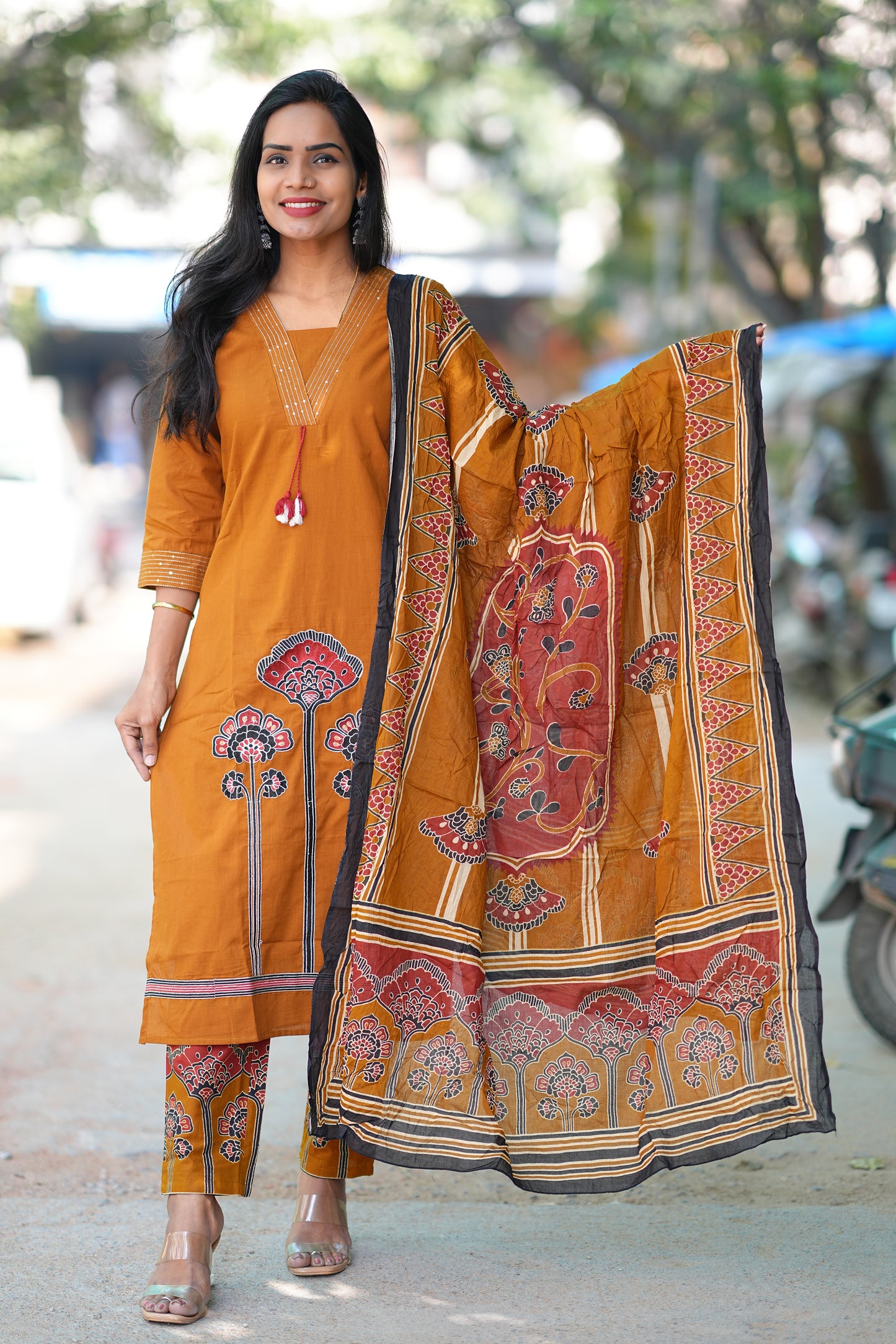 Brown Color Jaipur Cotton 3 Piece Set With Embriodary Work and Complete Lining