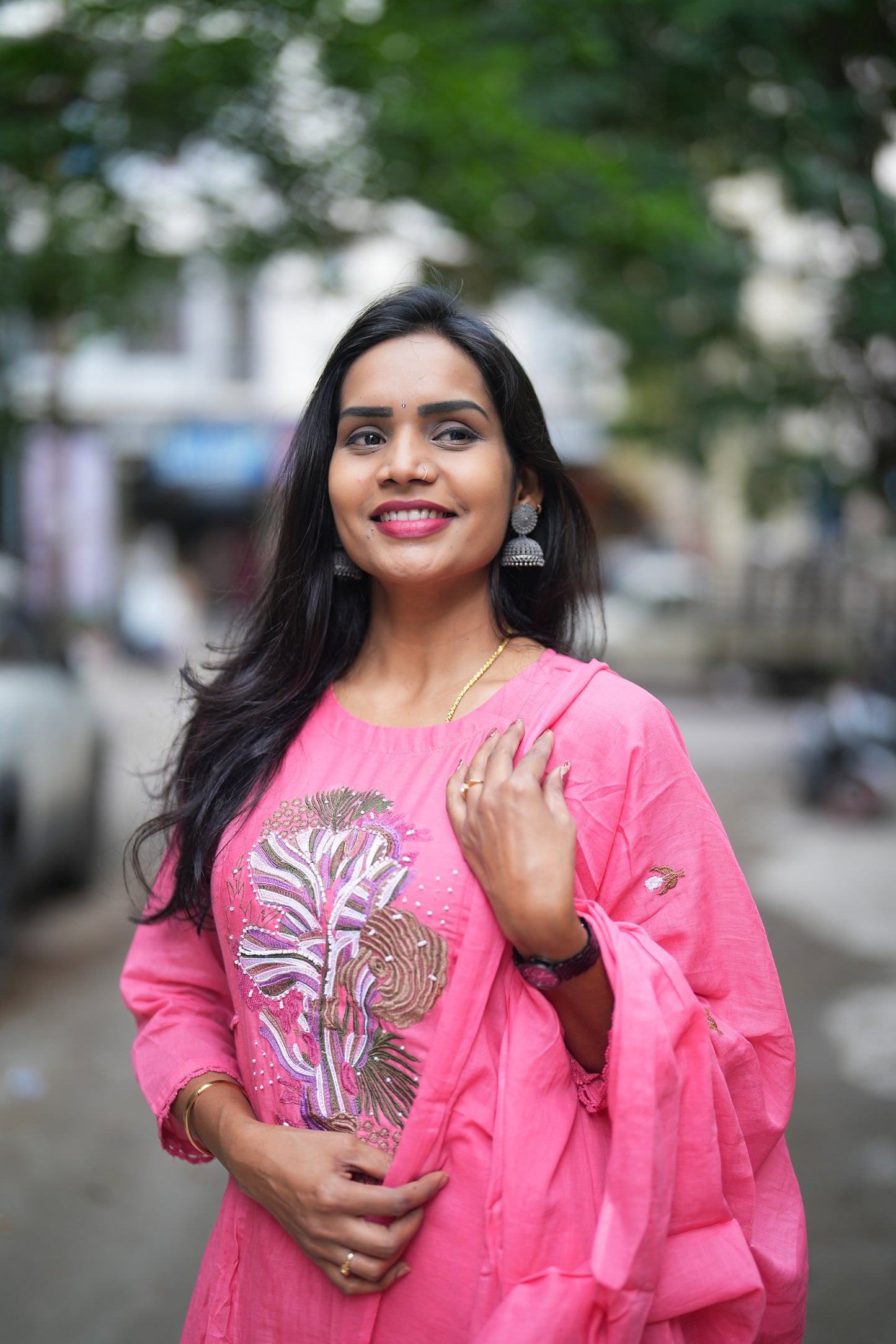 Pink Color Pure Mul Cotton Embroidery Design 3 Piece Set With Complete Lining