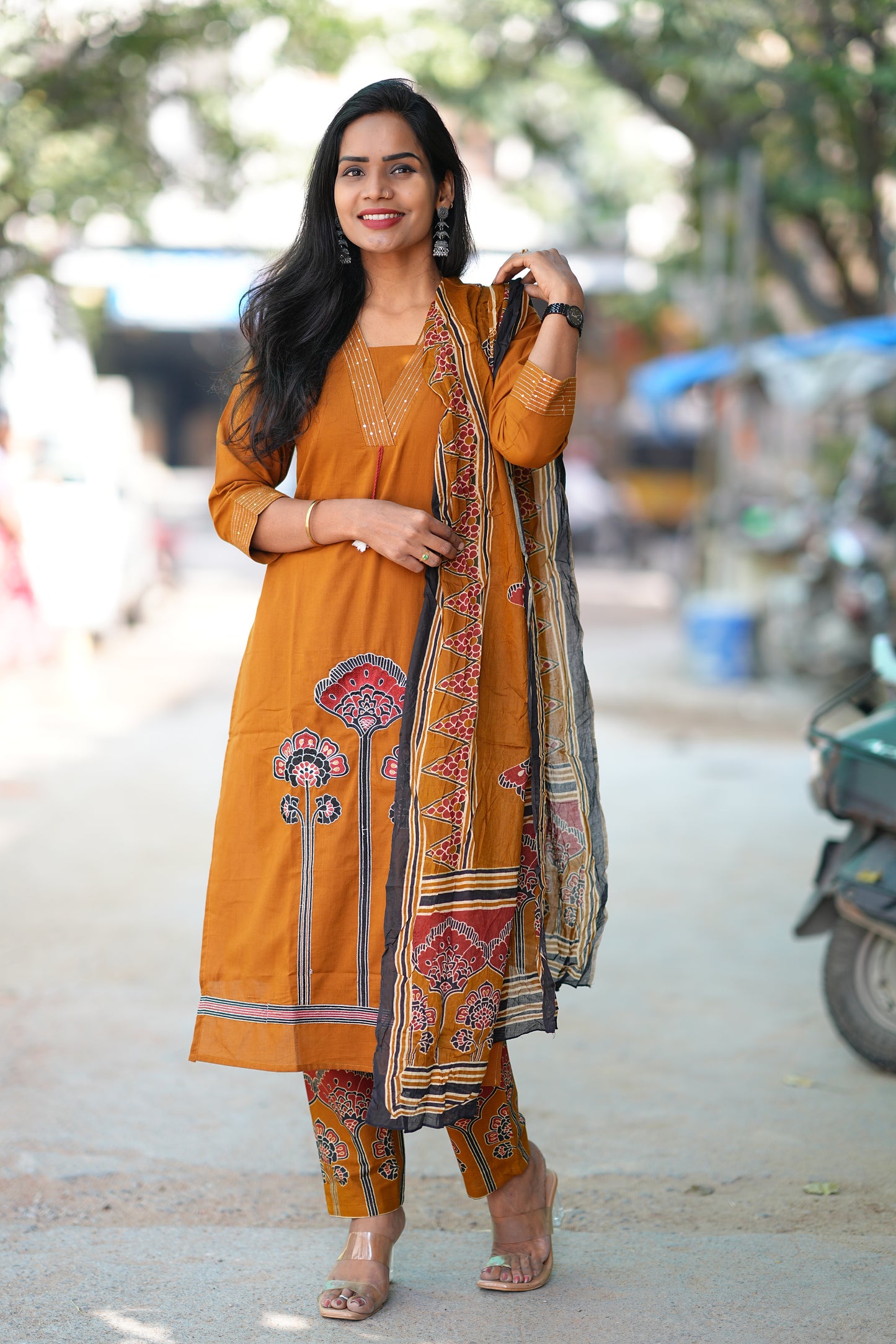 Brown Color Jaipur Cotton 3 Piece Set With Embriodary Work and Complete Lining
