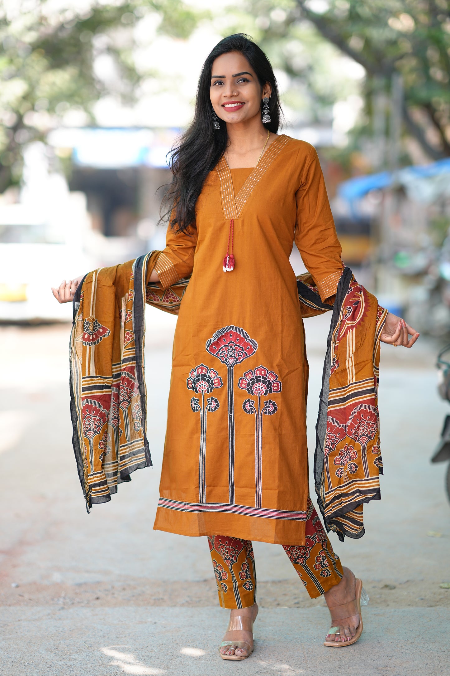 Brown Color Jaipur Cotton 3 Piece Set With Embriodary Work and Complete Lining
