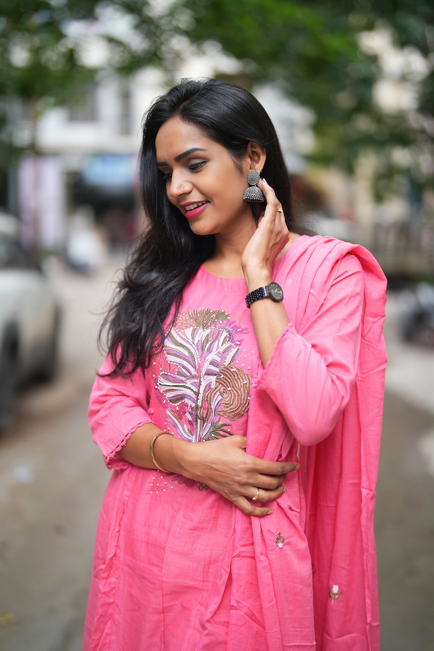 Pink Color Pure Mul Cotton Embroidery Design 3 Piece Set With Complete Lining