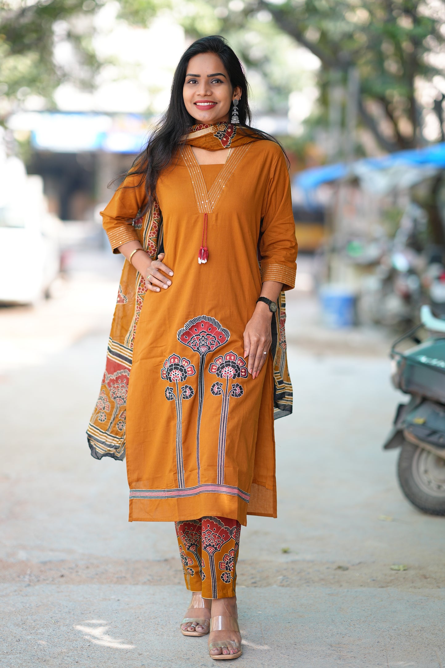 Brown Color Jaipur Cotton 3 Piece Set With Embriodary Work and Complete Lining