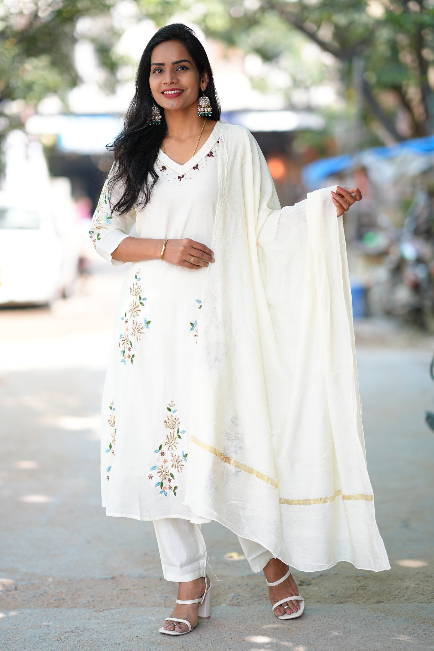 Cream Color Designer Wear Mul Chanderi 3 Piece Set With Zari Work Duppata