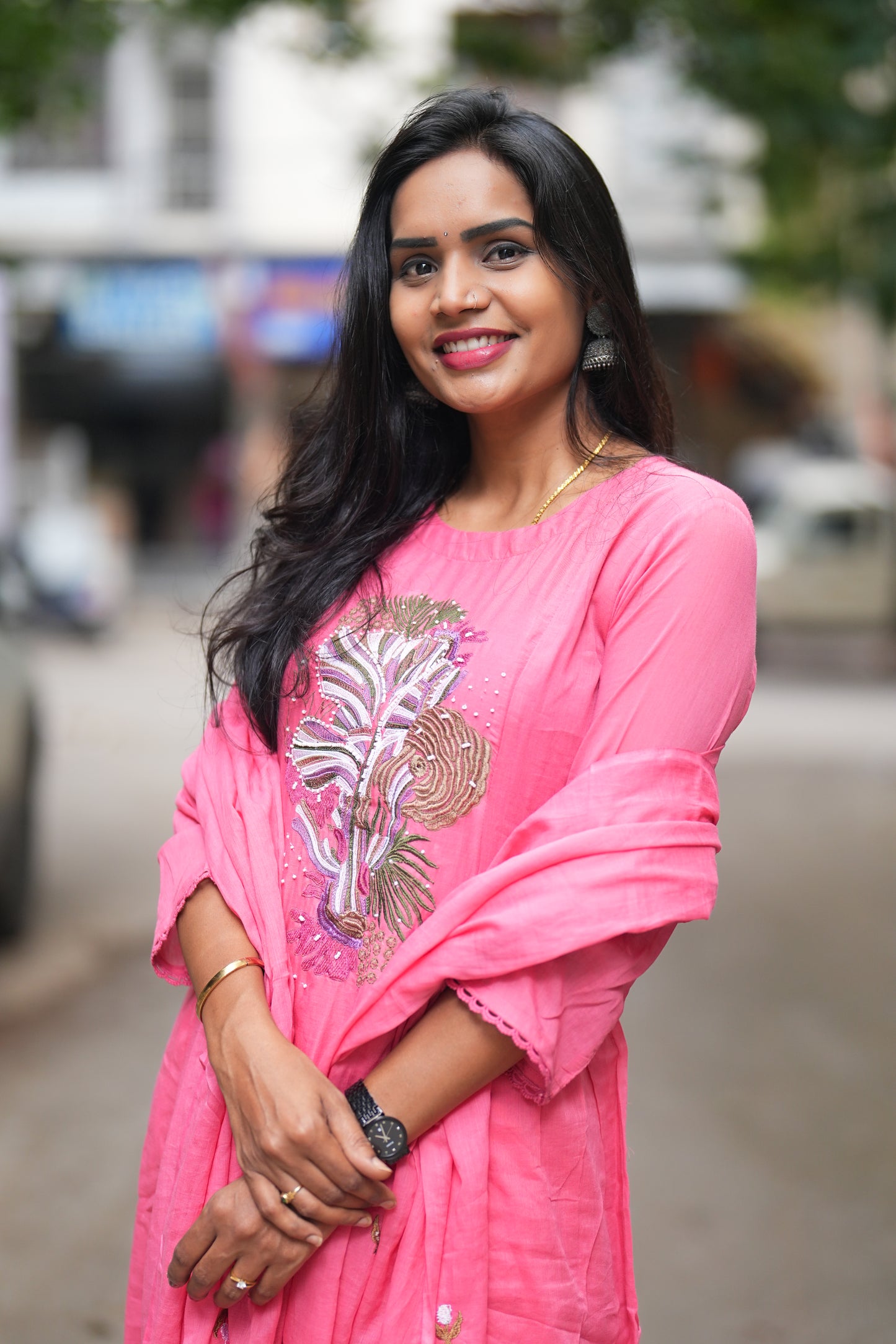 Pink Color Pure Mul Cotton Embroidery Design 3 Piece Set With Complete Lining