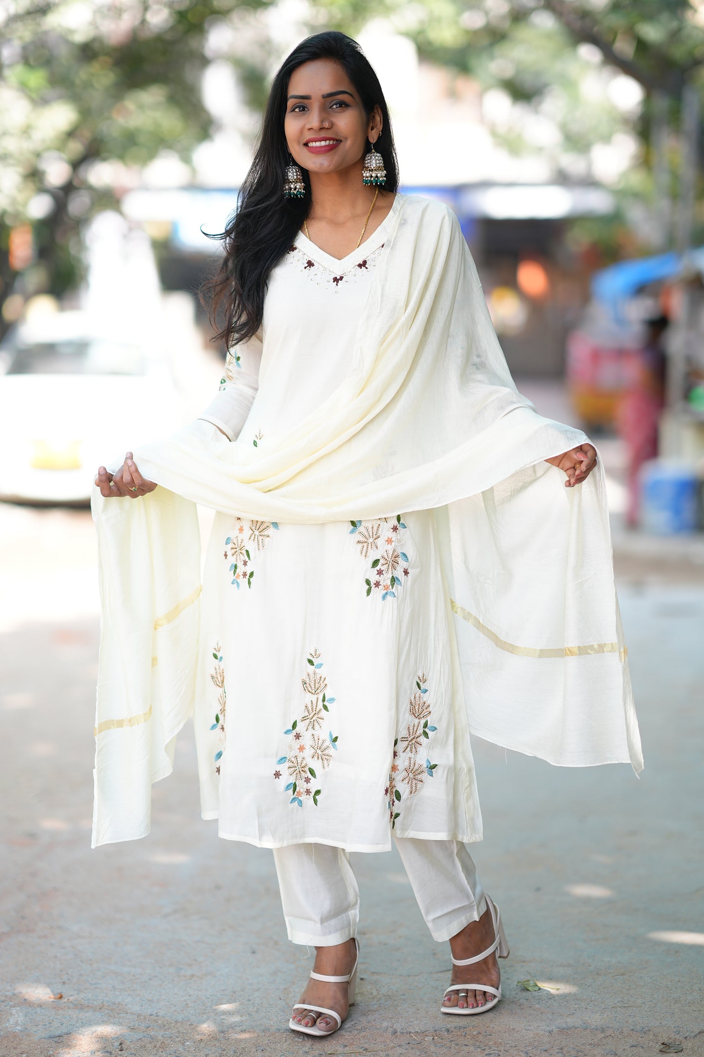 Cream Color Designer Wear Mul Chanderi 3 Piece Set With Zari Work Duppata